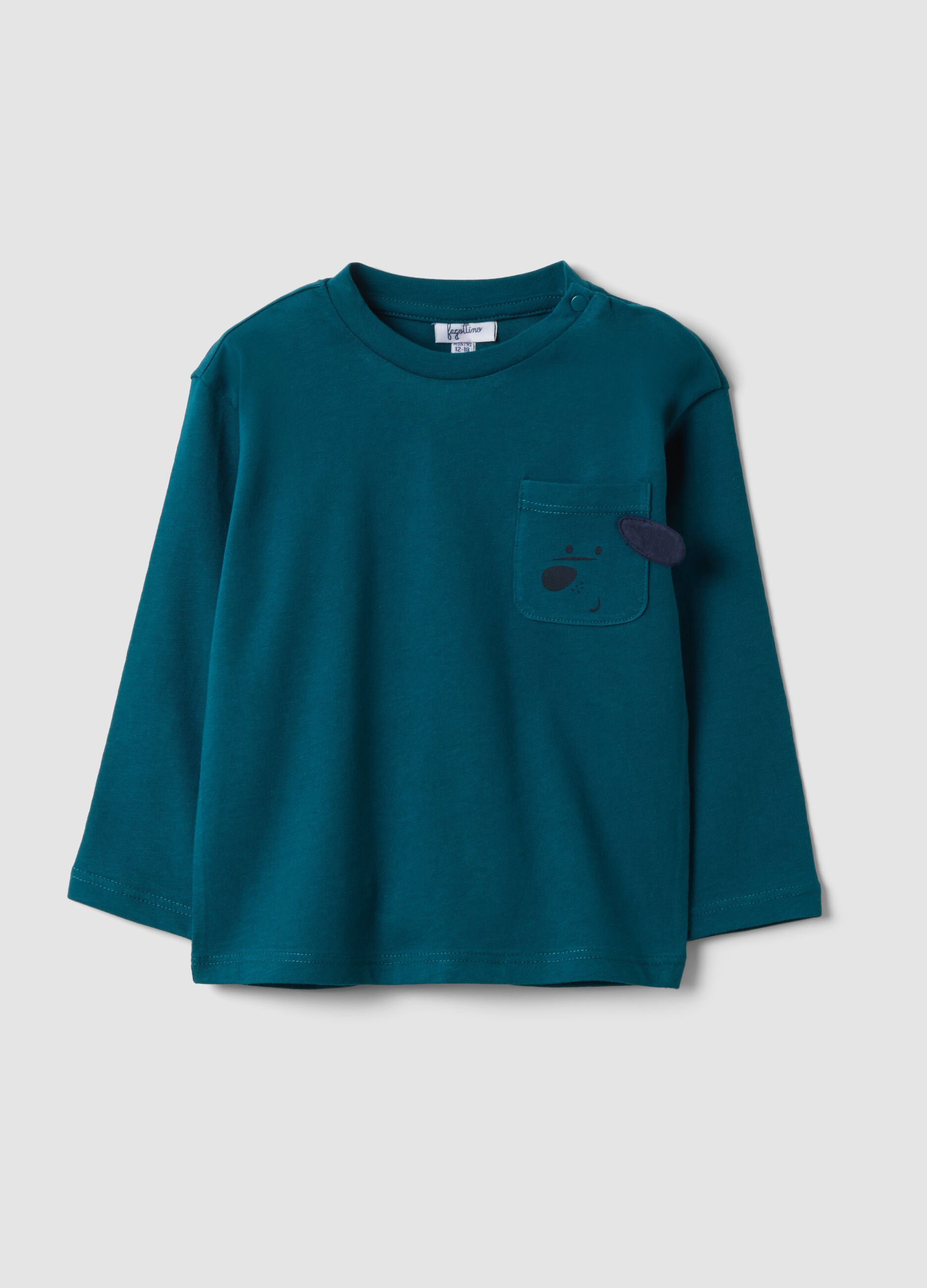 Green pure organic cotton crew-neck T-shirt with chest pocket for baby boy