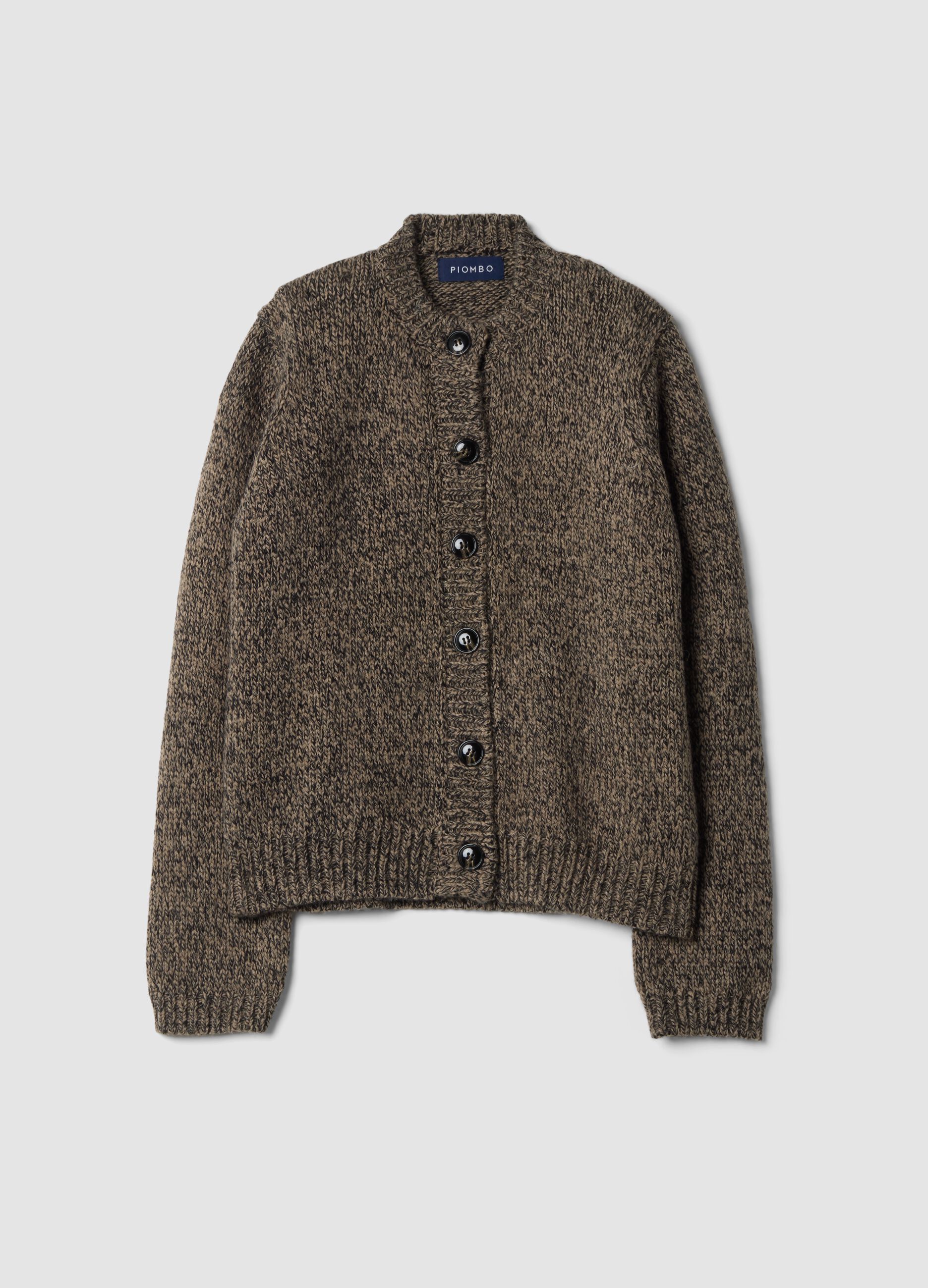Brown wool-blend crew-neck cardigan, regular fit