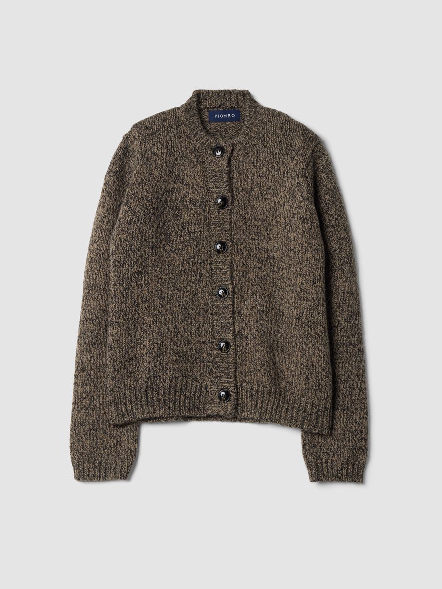Brown wool-blend crew-neck cardigan, regular fit_0