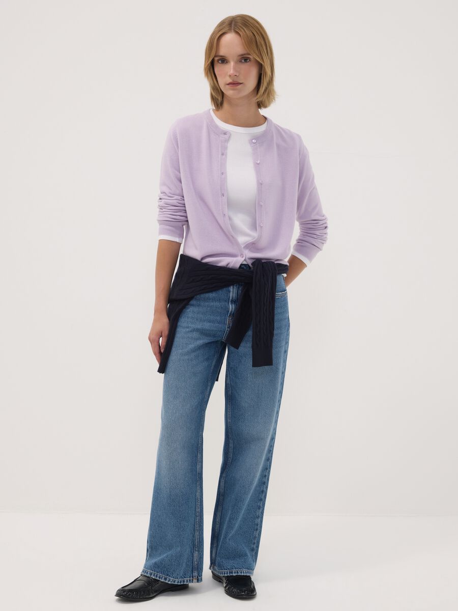 Purple crew-neck cardigan with buttons, regular fit_1