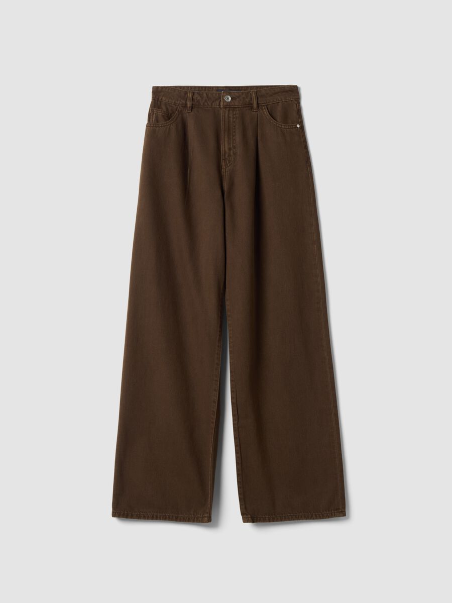High-waisted wide-leg brown jeans in pure cotton_4
