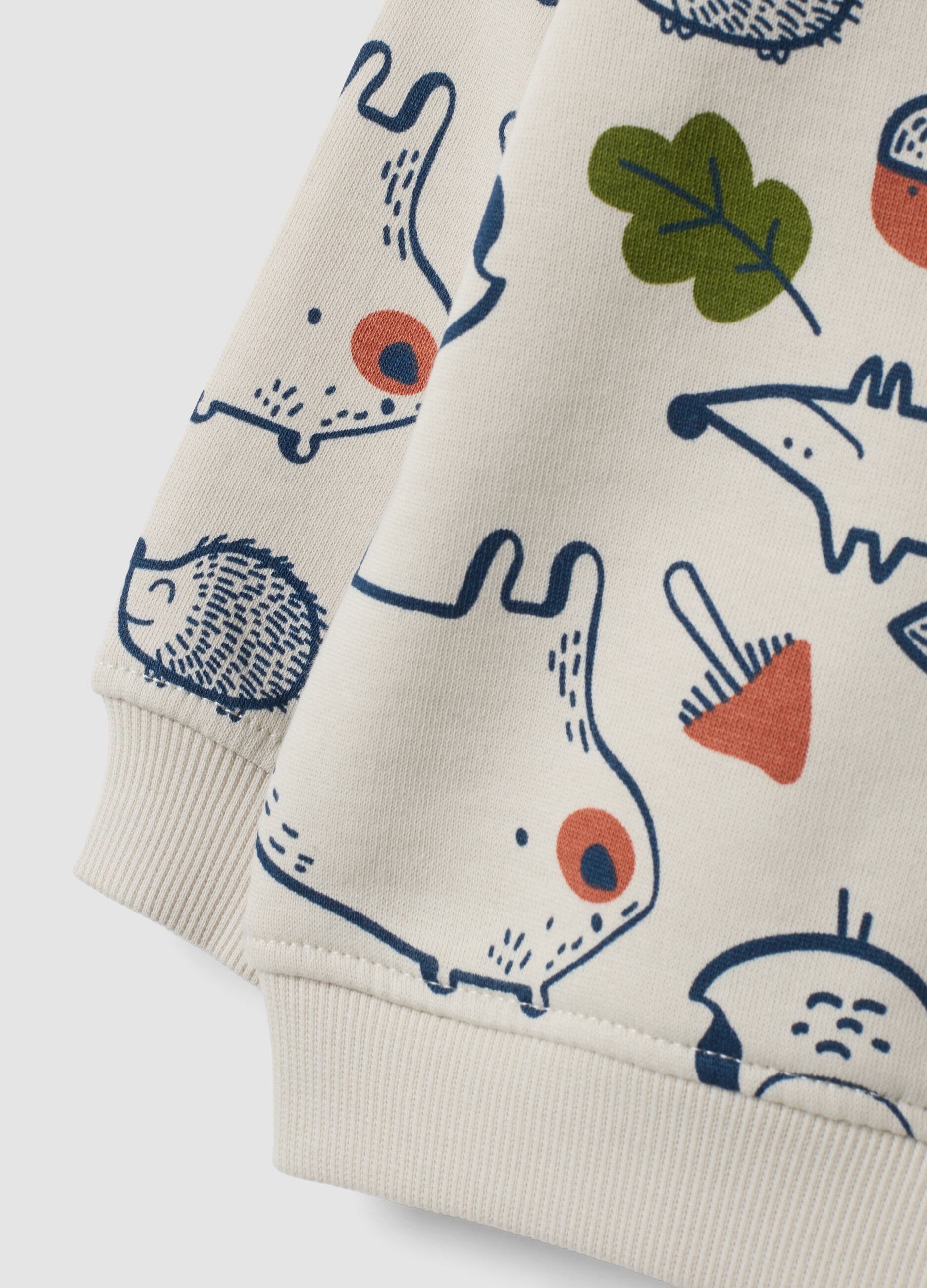 Felpa beige in puro cotone con girocollo e stampa animali over fit