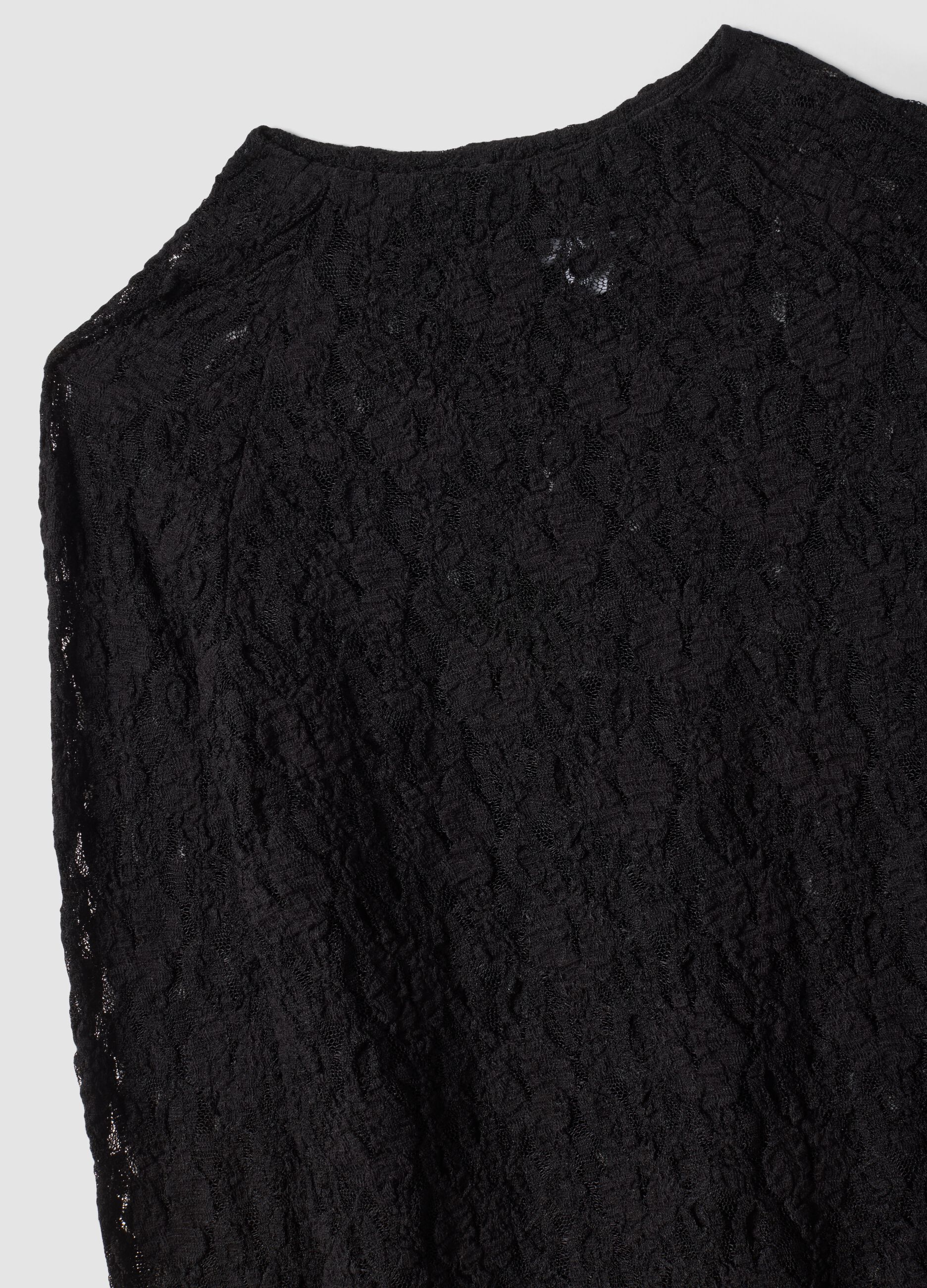 Black stretch openwork T-shirt with raised collar