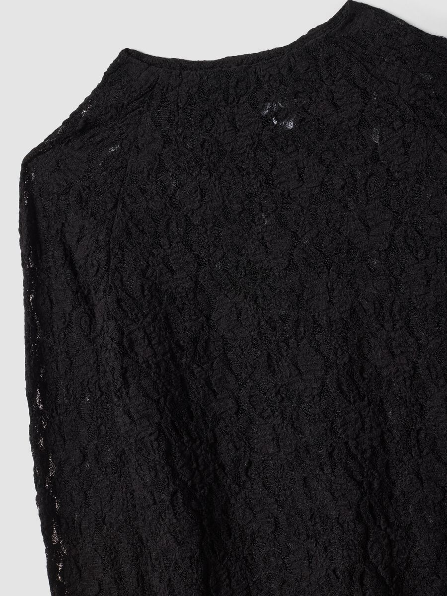 Black stretch openwork T-shirt with raised collar_1