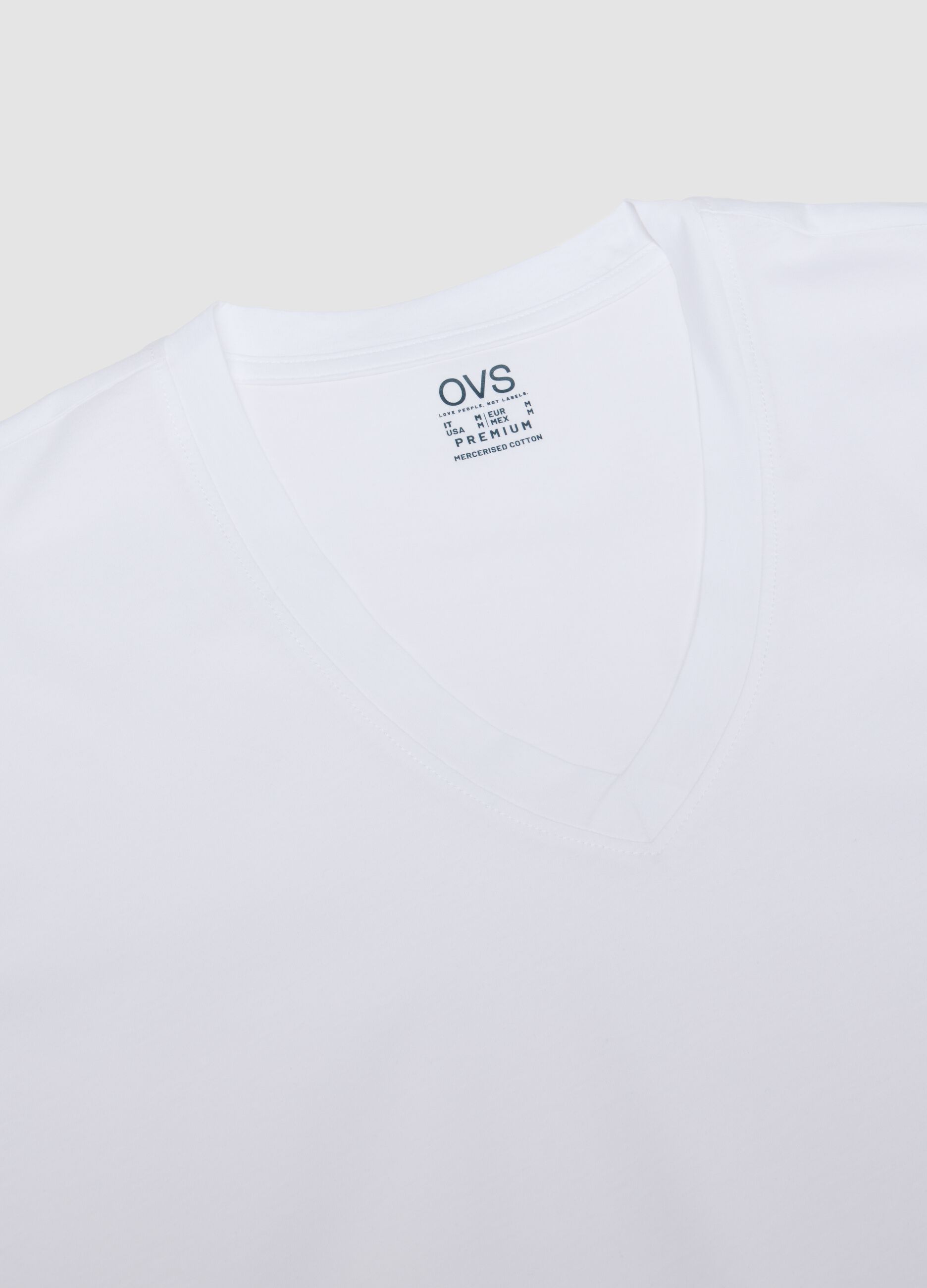 White mercerised pure cotton T-shirt with deep V-neck