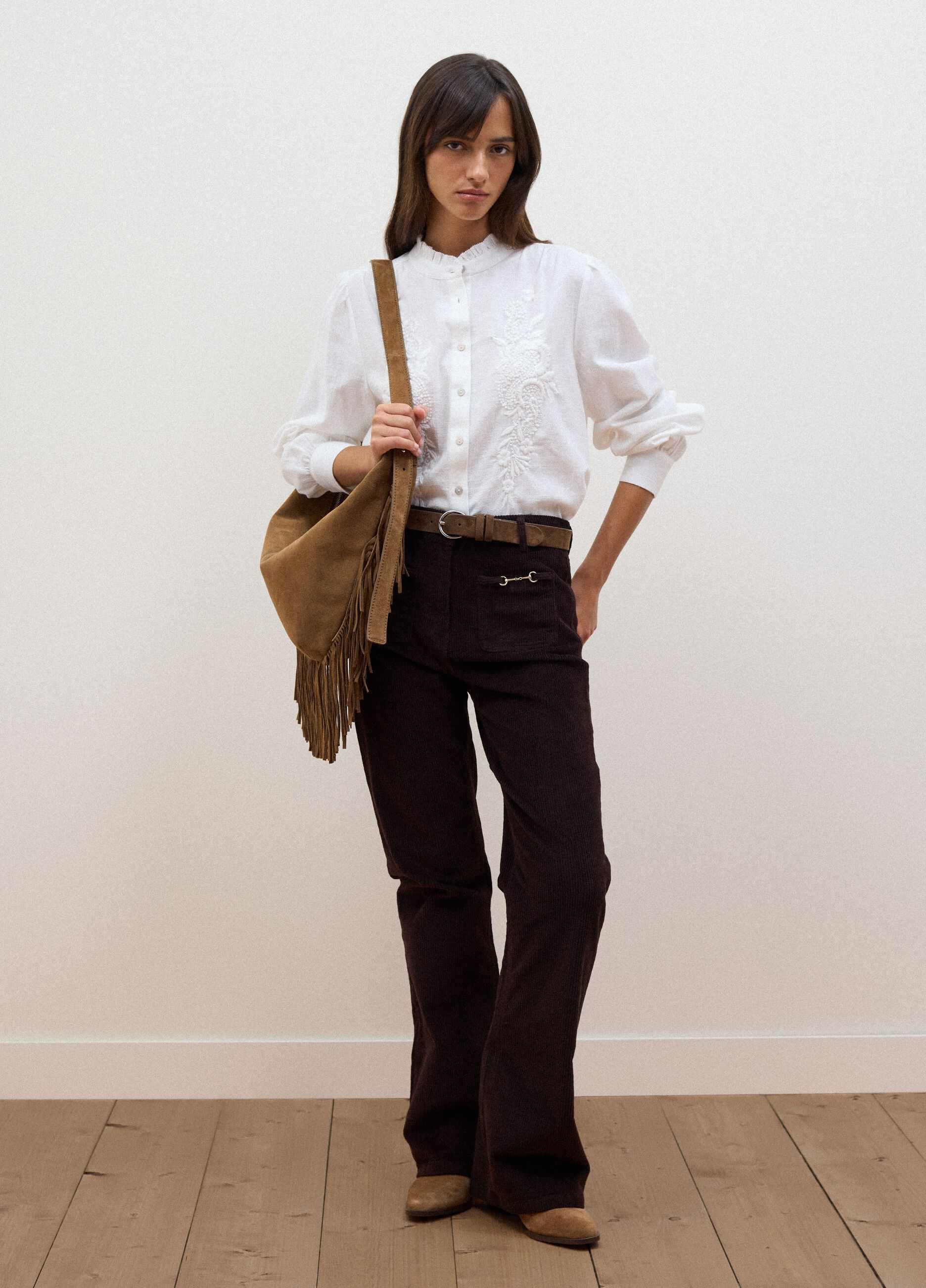 Brown flared ribbed stretch-cotton trousers