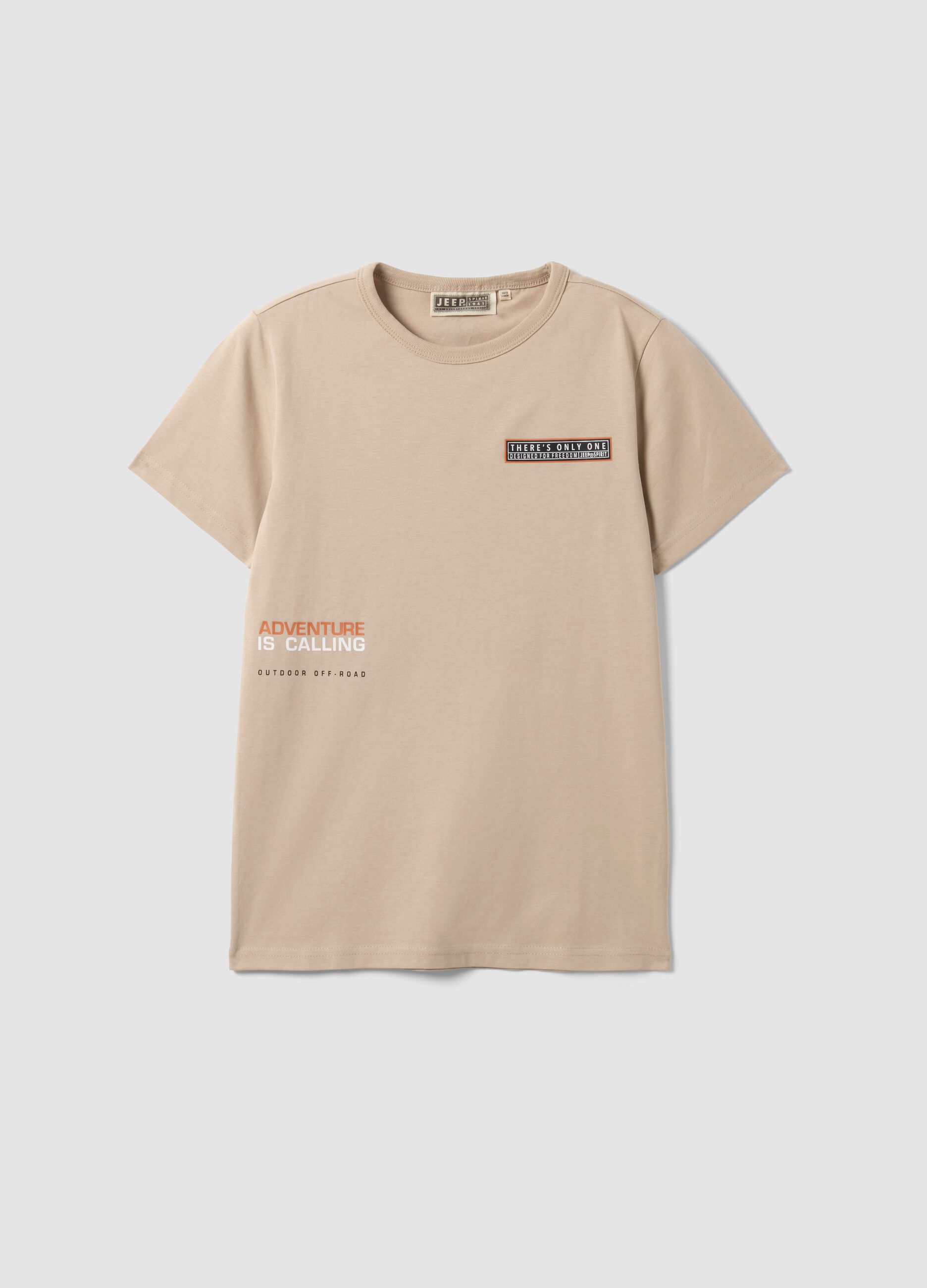 T-shirt beige in puro cotone con stampa fronte e retro