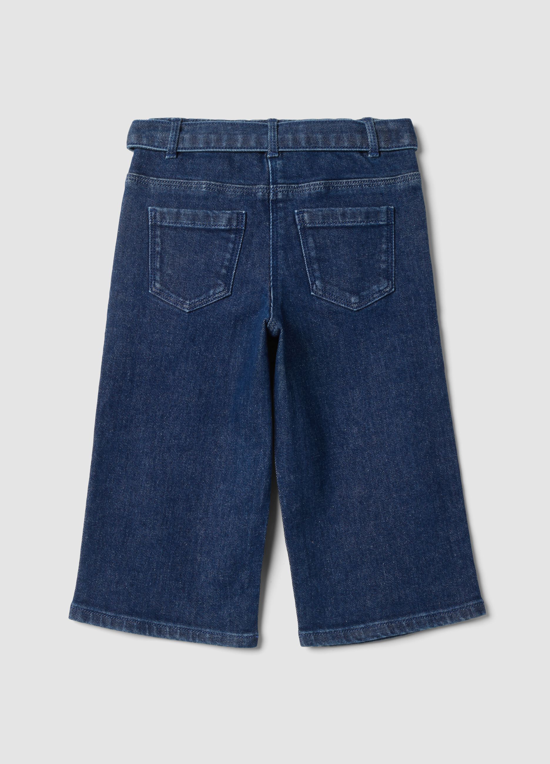 Jeans blu in cotone elasticizzato wide leg con cintura