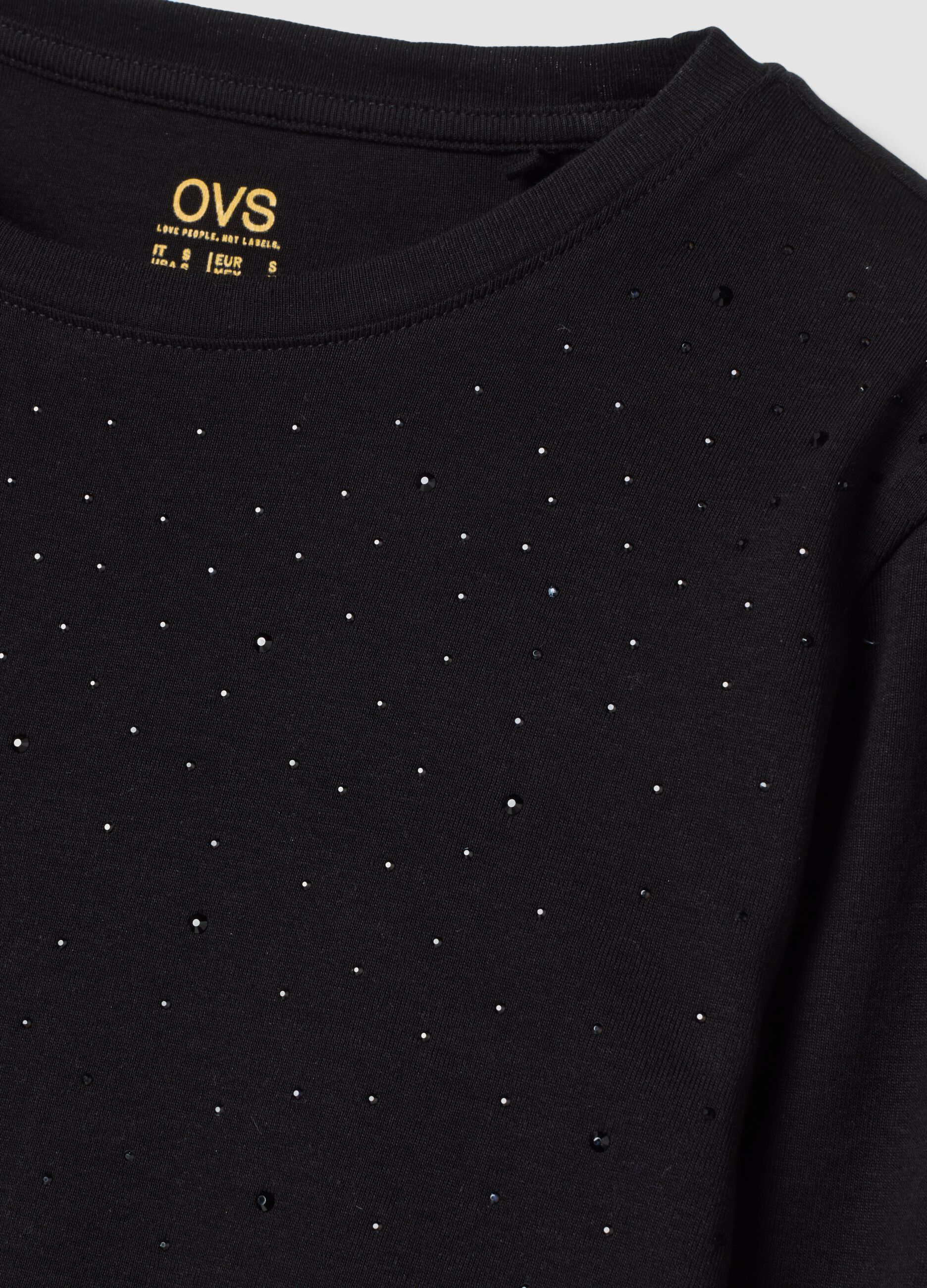 Black crew-neck pure cotton T-shirt with rhinestones, regular fit