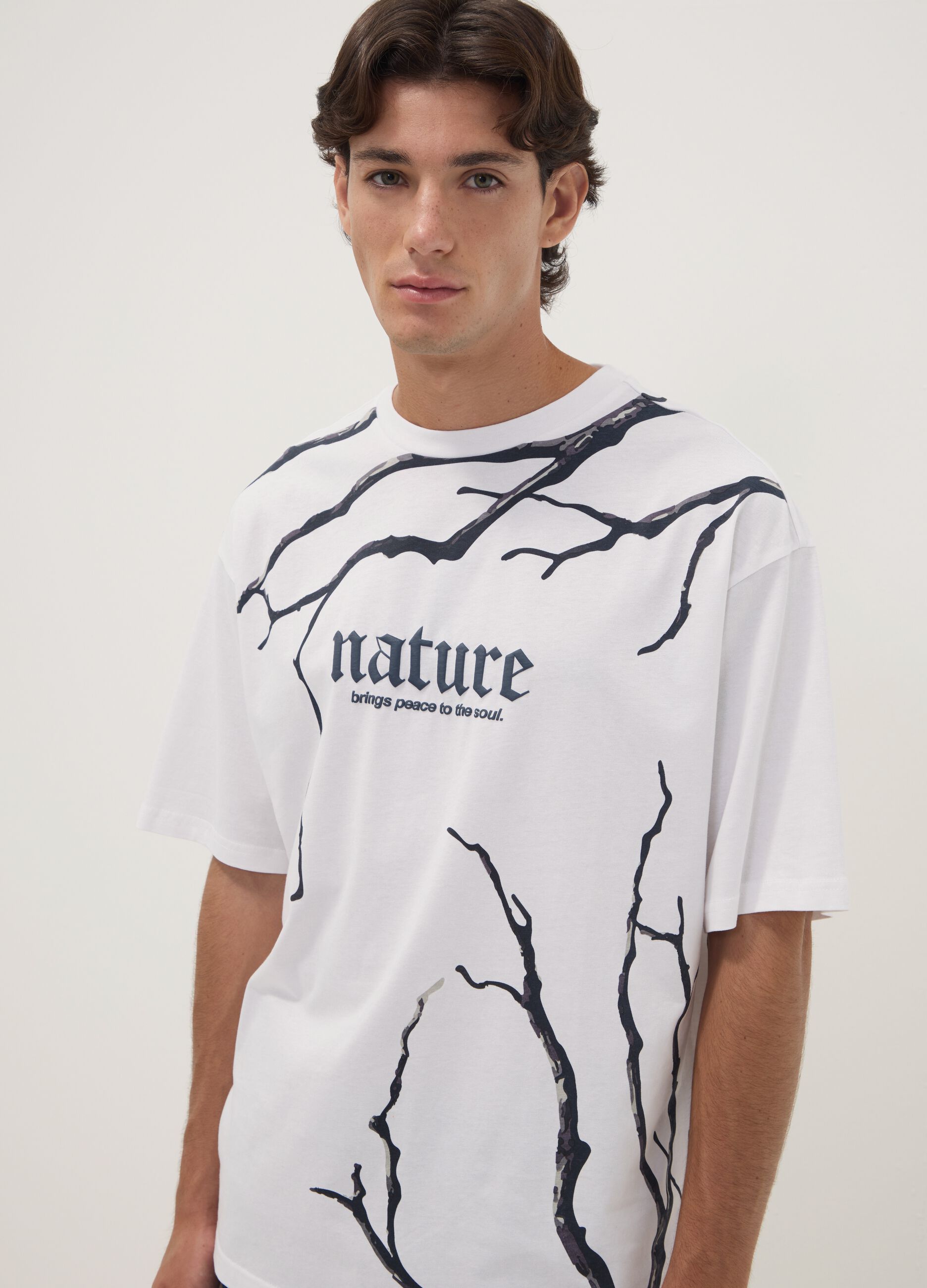 White pure cotton T-shirt with Nature slogan