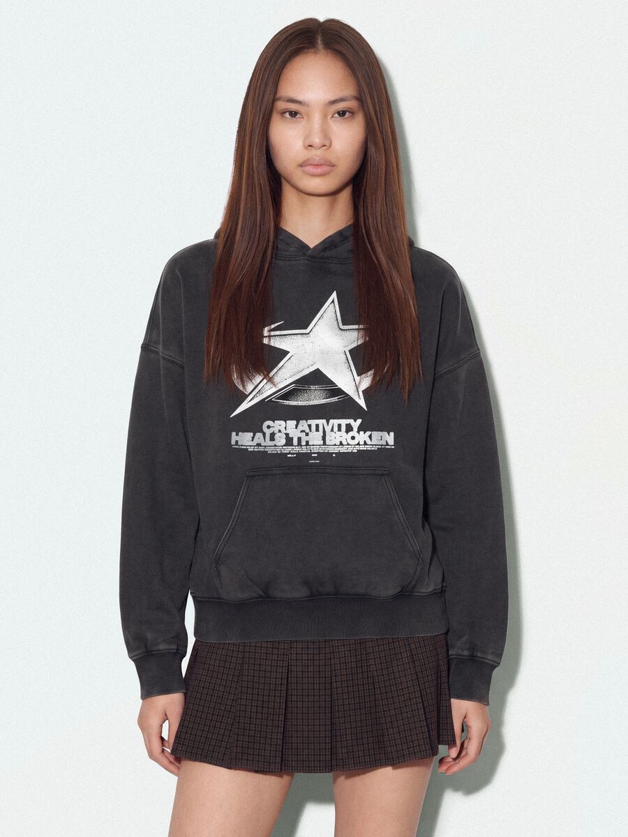 Black cotton-blend hooded sweatshirt with crew neck_0