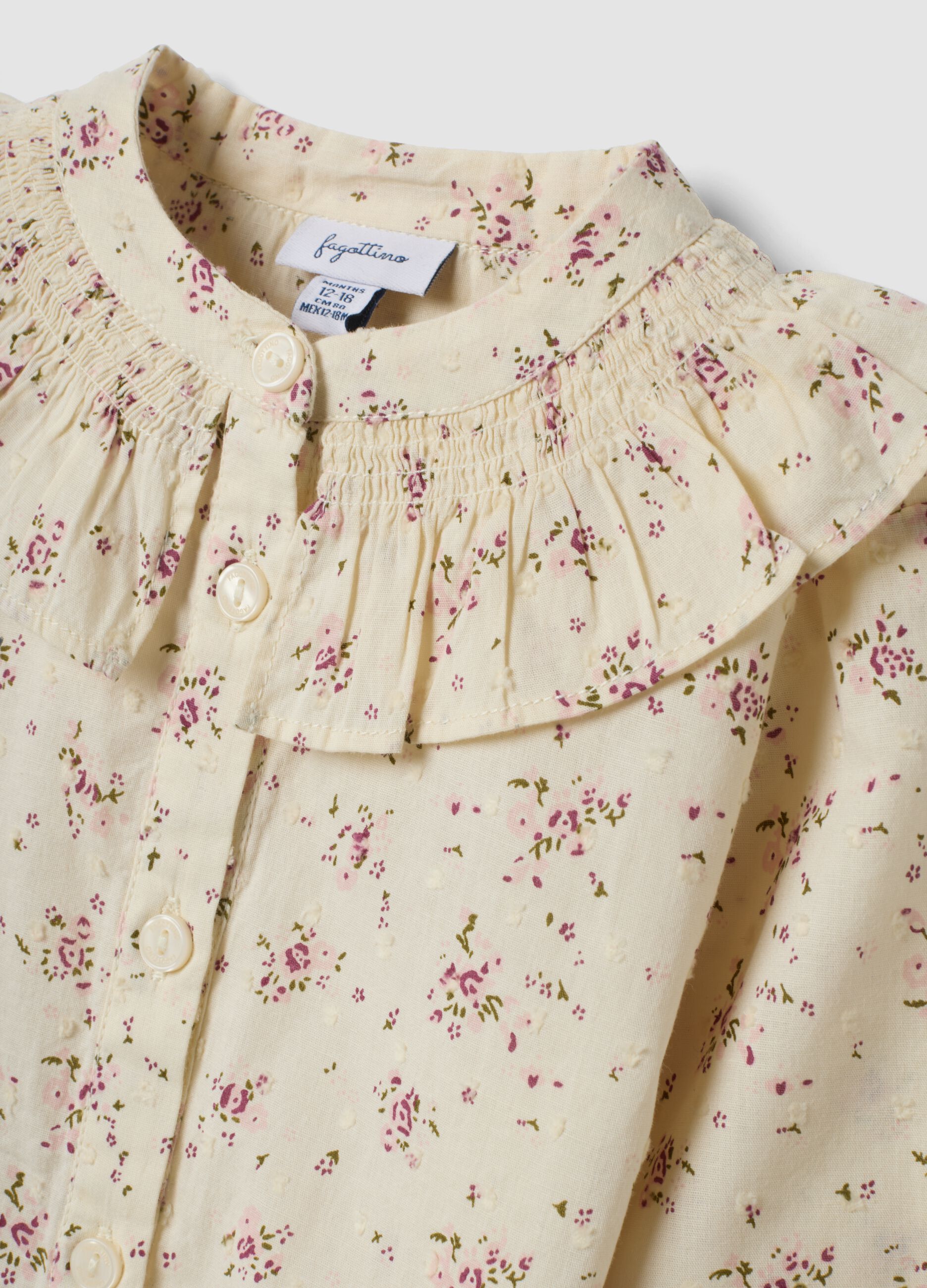 Camicia crema in puro cotone con stampa floreale rosa chiaro e verde oliva