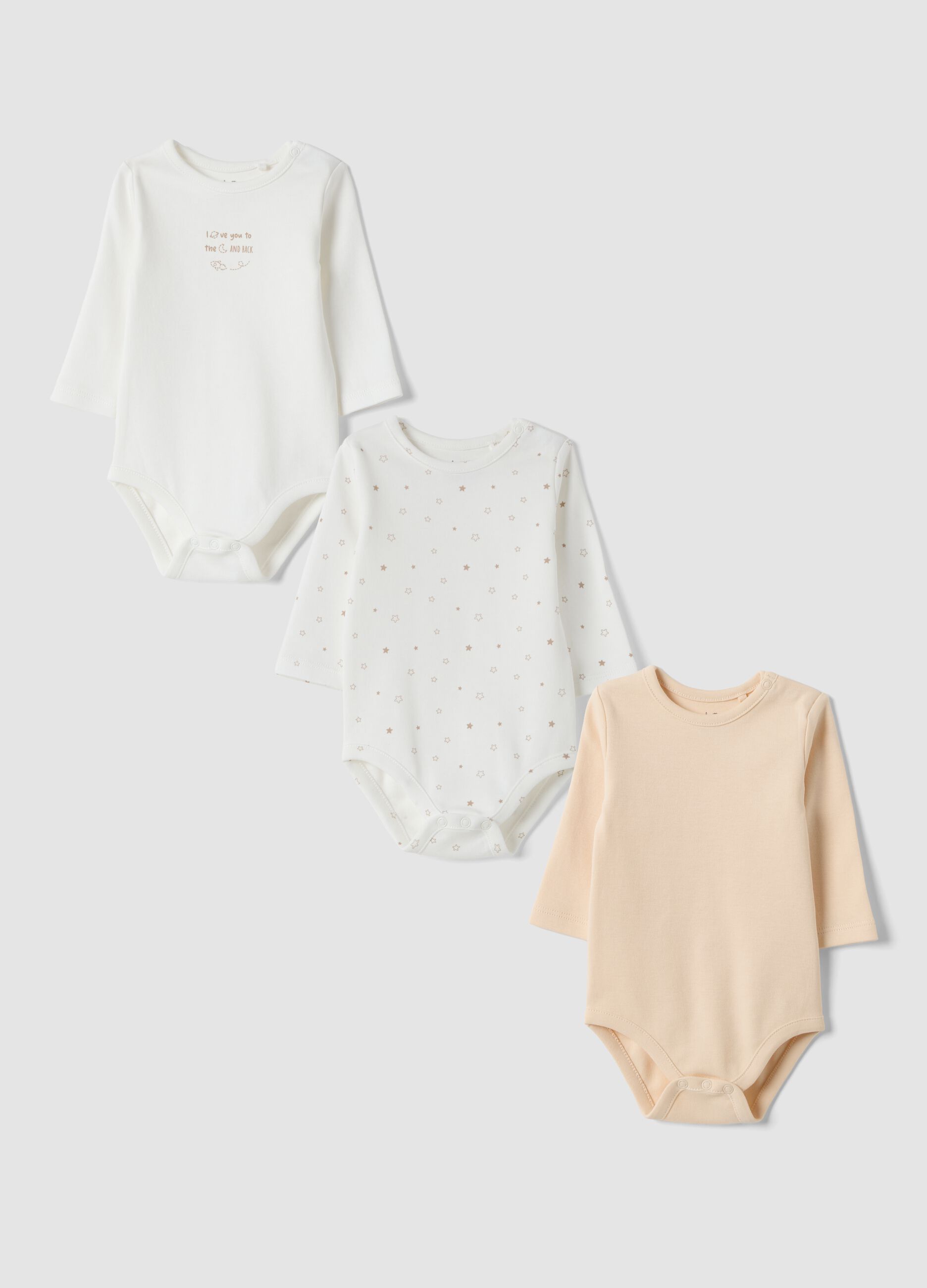 3-pack beige and white organic cotton crew-neck bodysuits