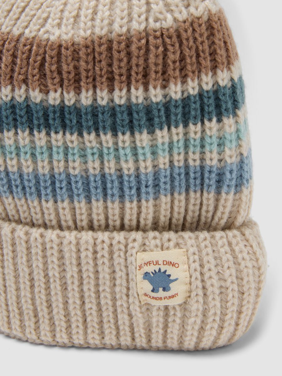 Beige striped knitted hat with turn-up cuff_2