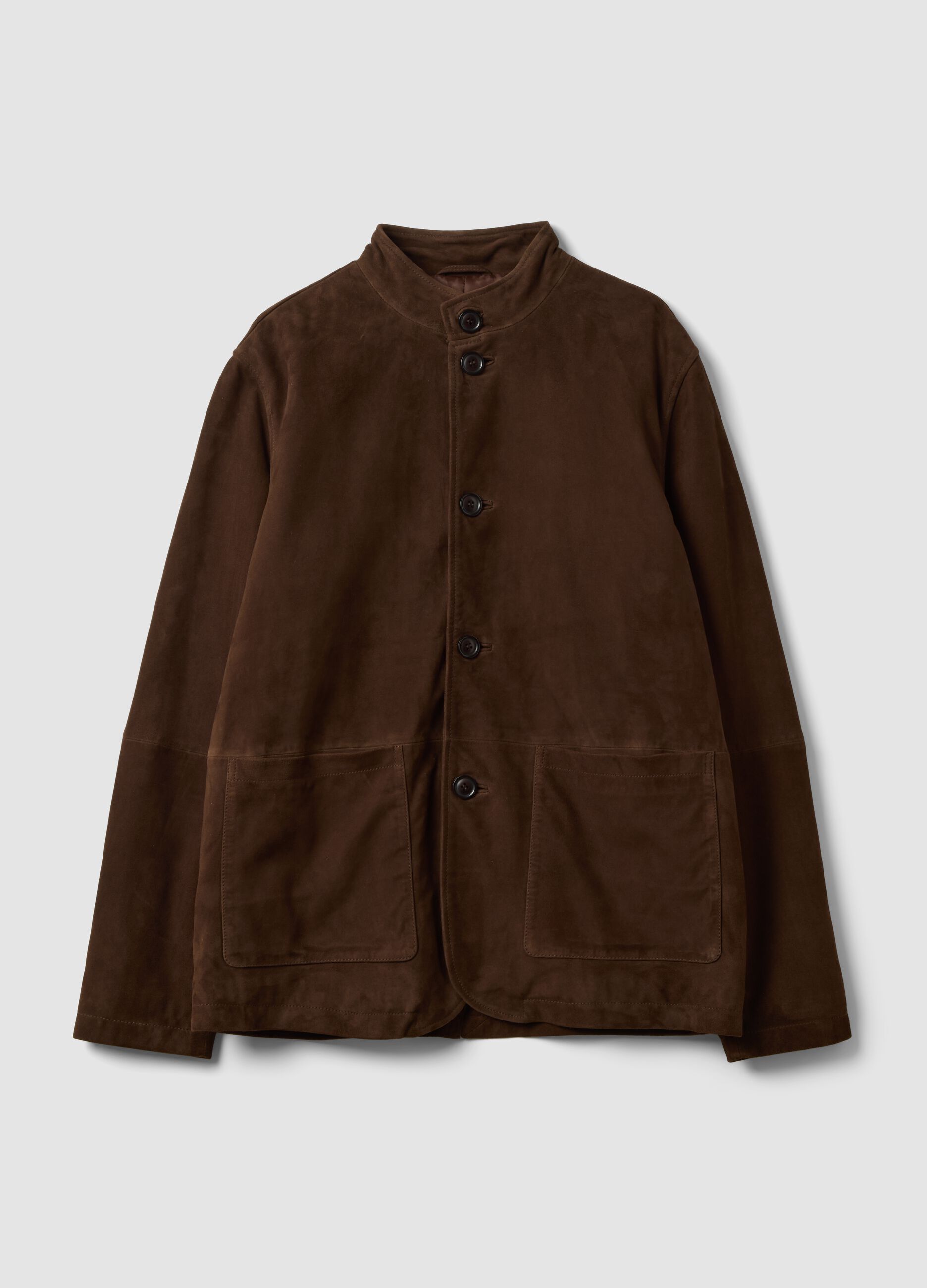 Brown padded genuine leather shacket with high collar, regular fit