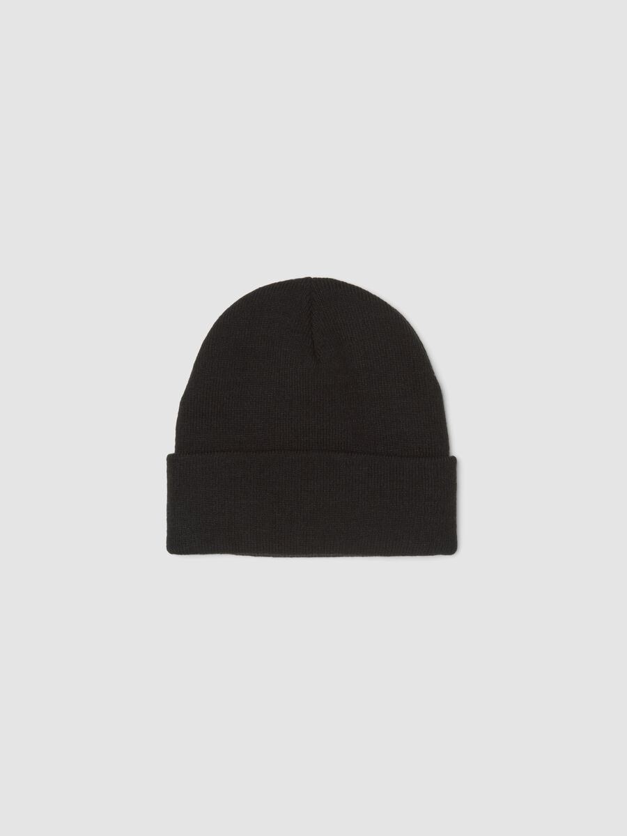 Black jersey knit beanie with turn-up cuff_0
