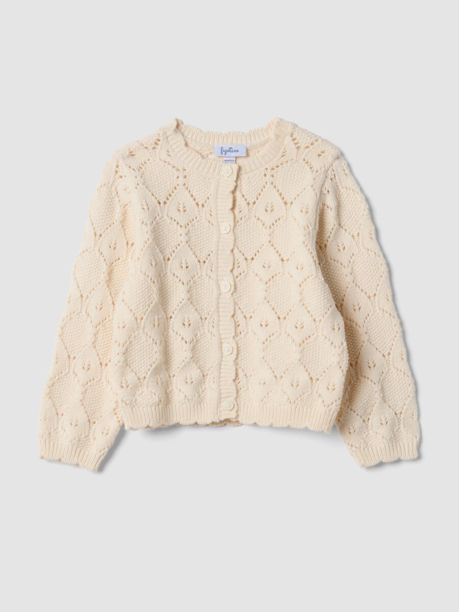Beige openwork cotton-blend crew-neck cardigan_0