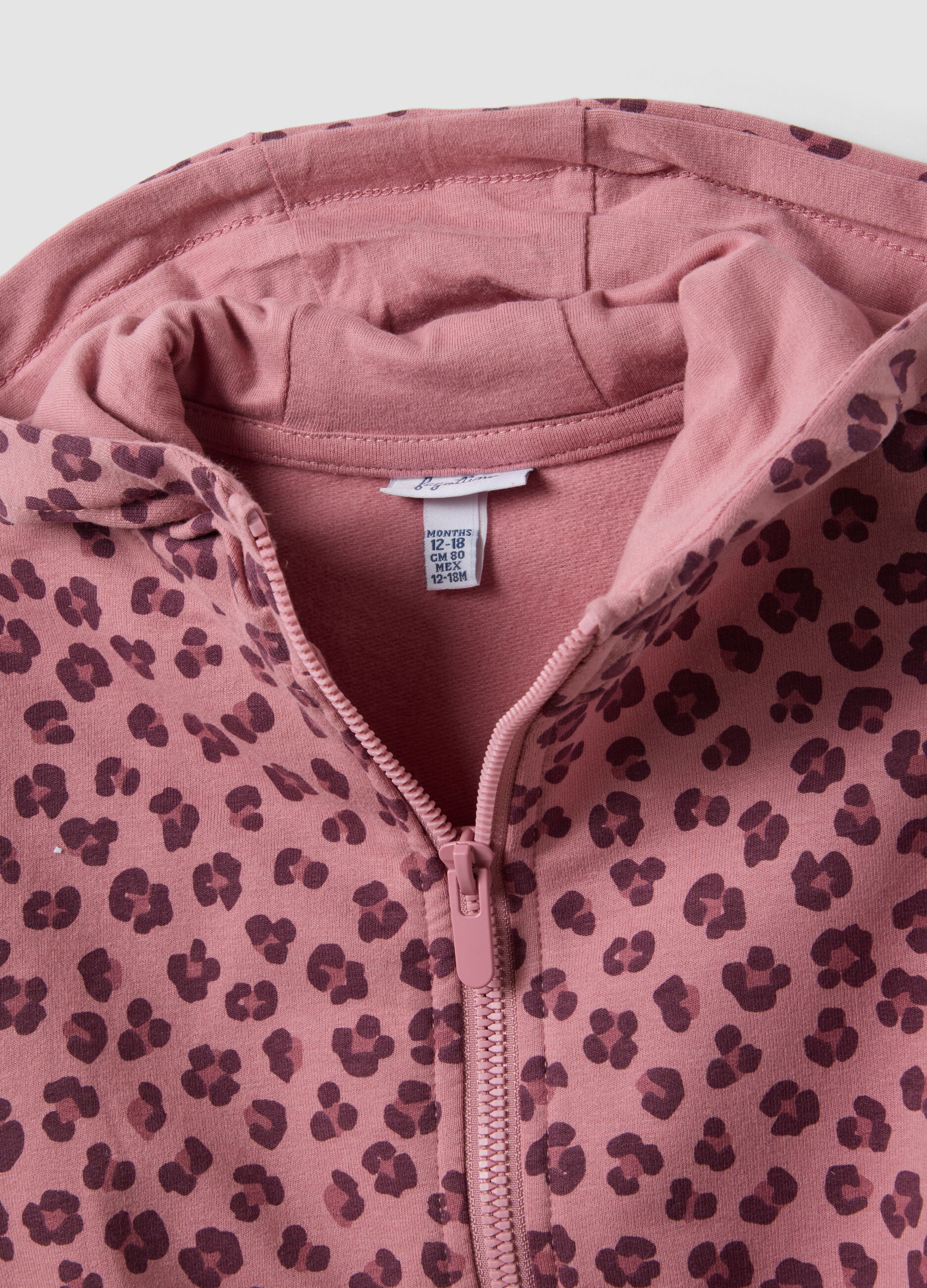 Pink hooded sweatshirt in stretch cotton with all-over animal print for baby girl