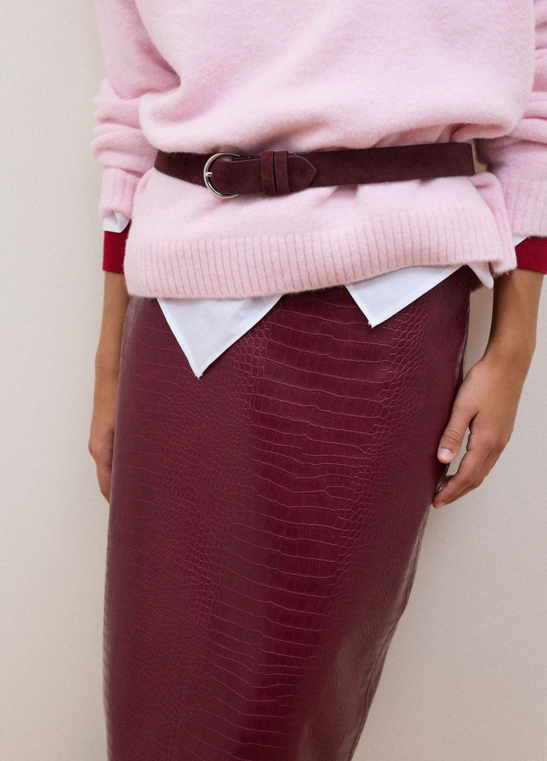 Red midi skirt in pure viscose with embossed print