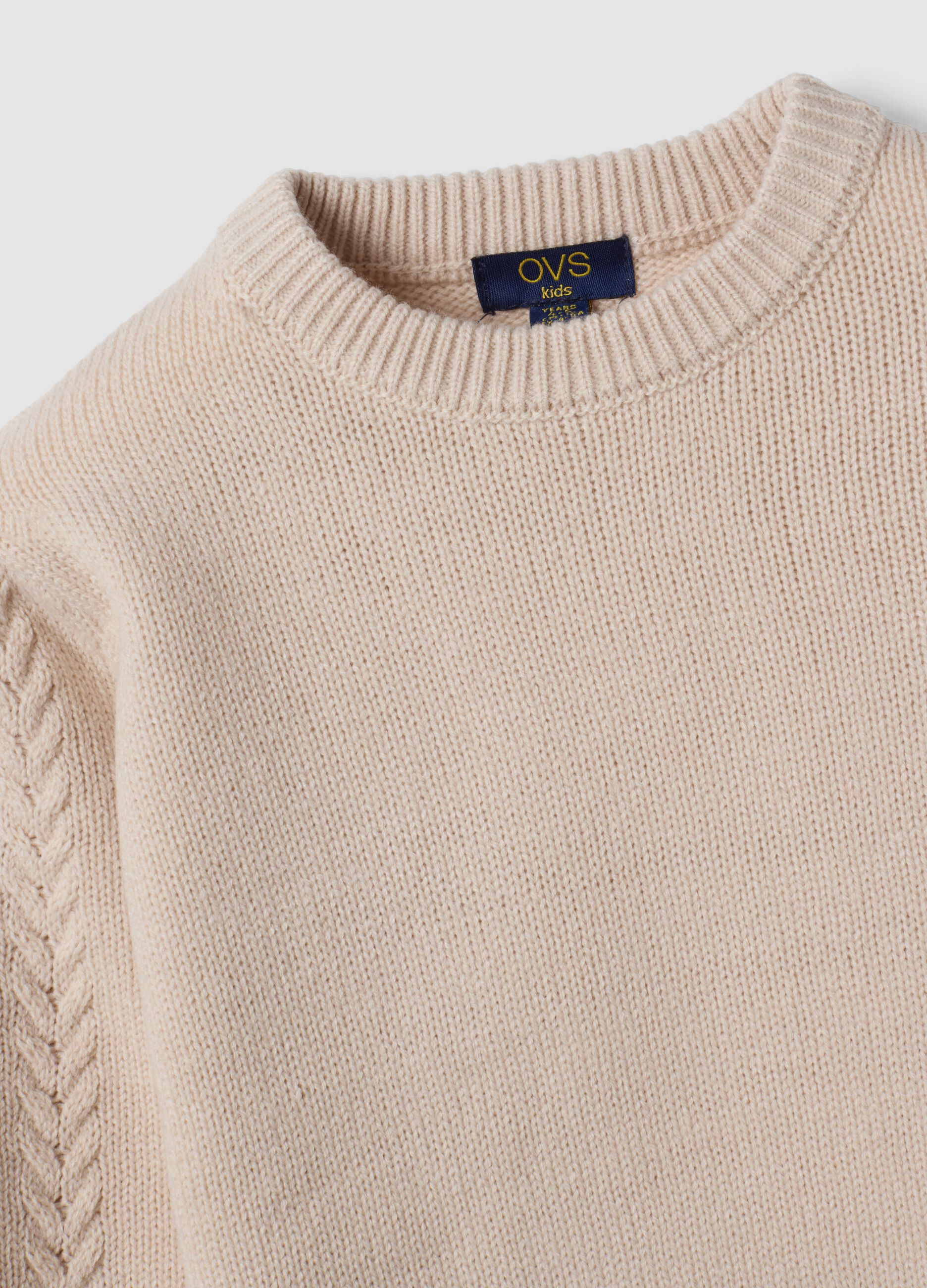 Beige crew-neck jumper with puff sleeves, regular fit