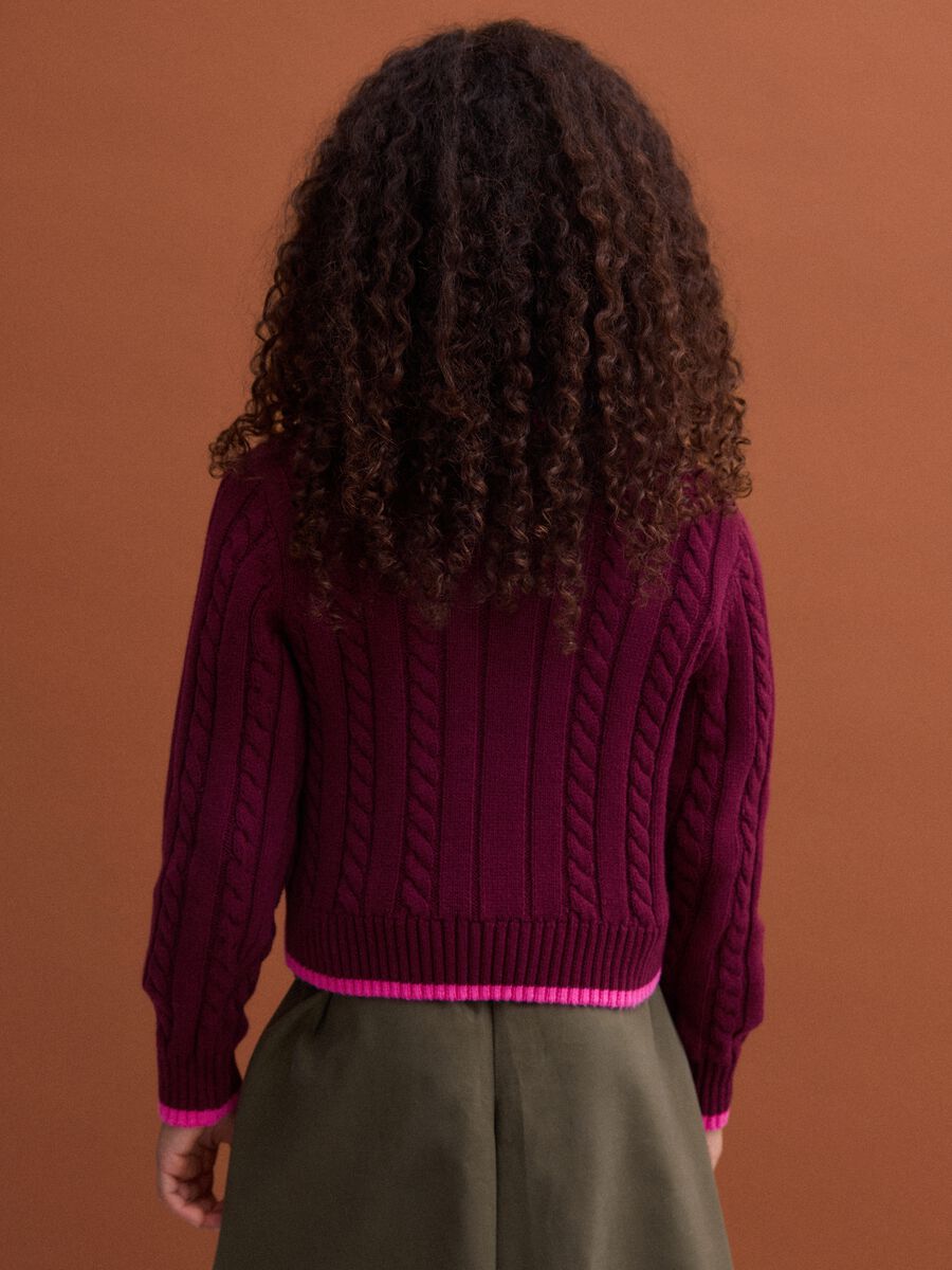 Red pure cotton cable-knit V-neck jumper for girls_2