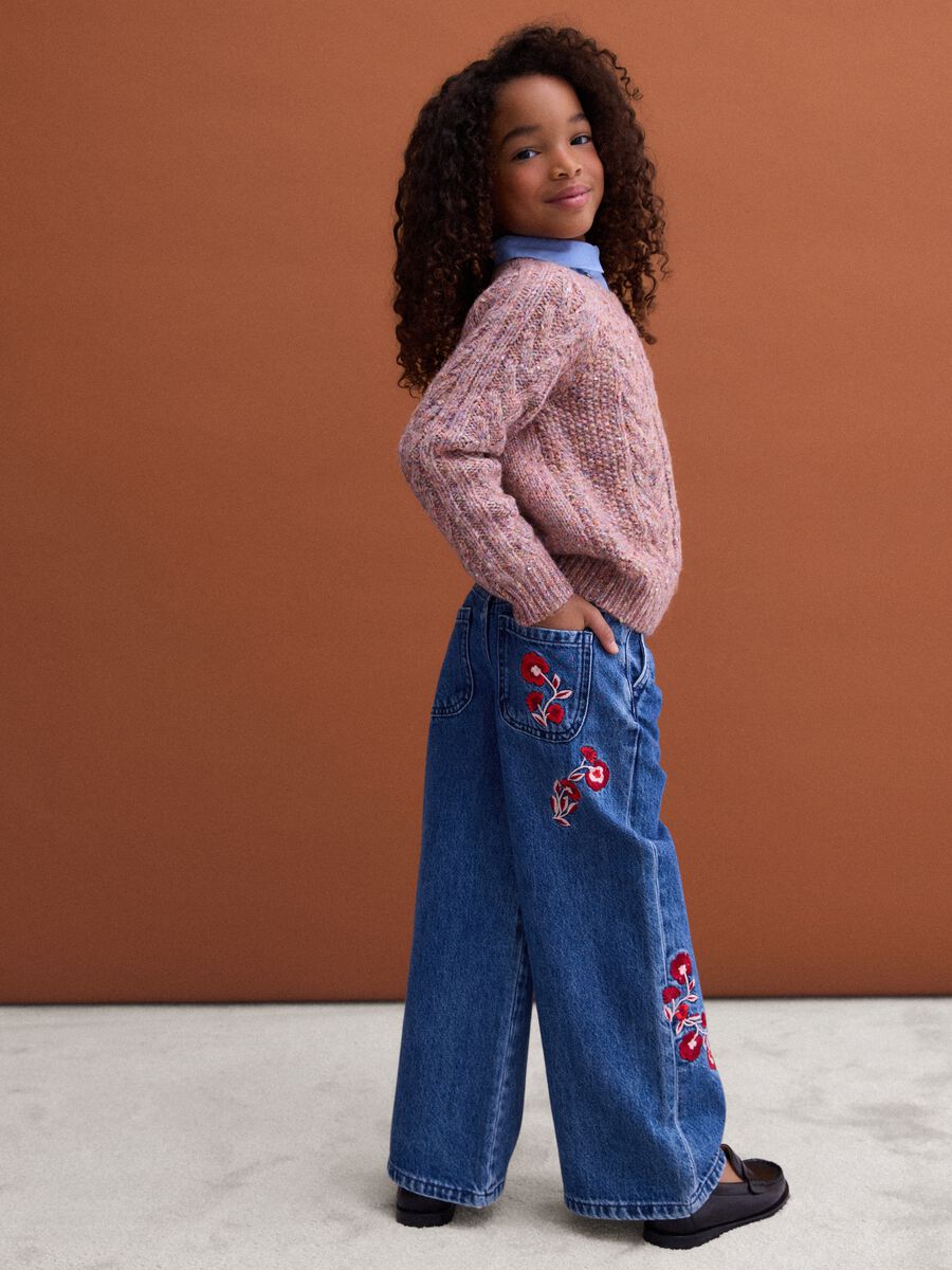 Blue pure cotton wide-leg jeans with floral embroidery_1
