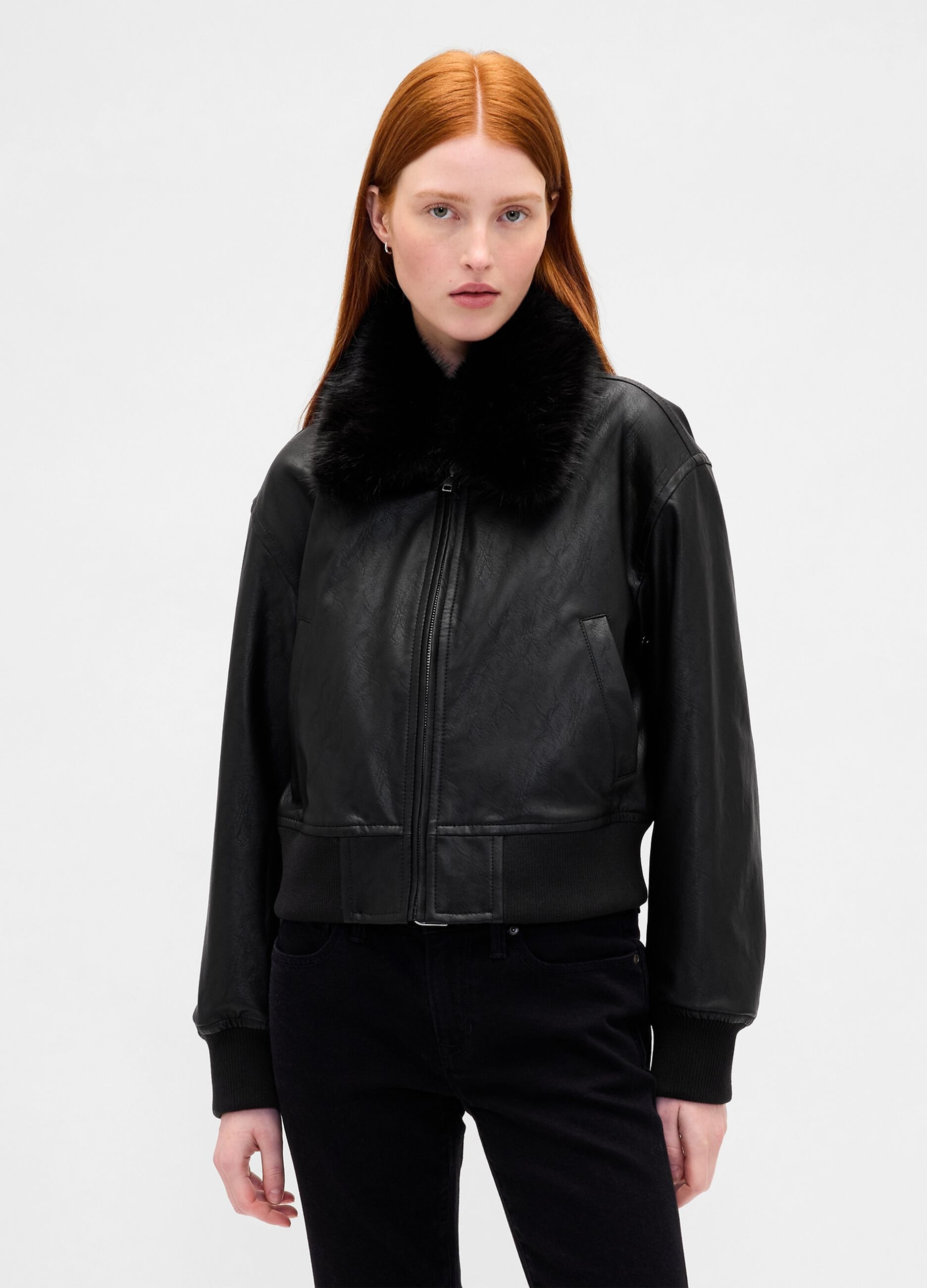 Black bomber jacket with faux fur collar