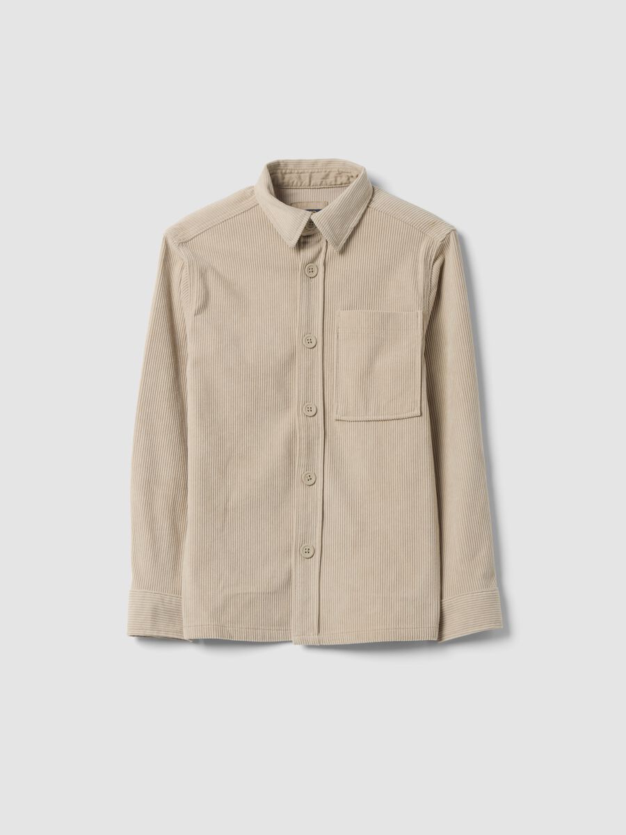 Beige ribbed shirt with buttons and chest pocket_0