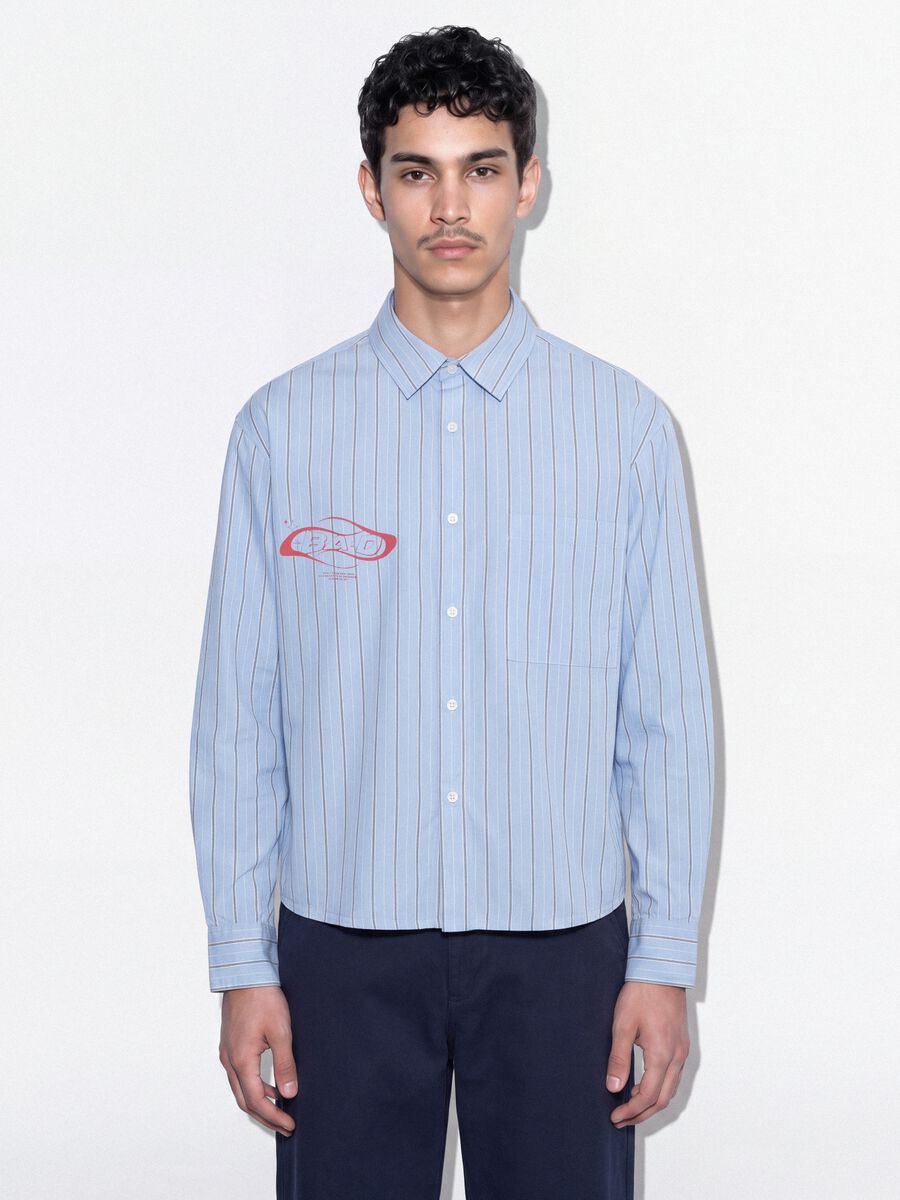 Blue cropped pure cotton striped shirt with oversized fit_0