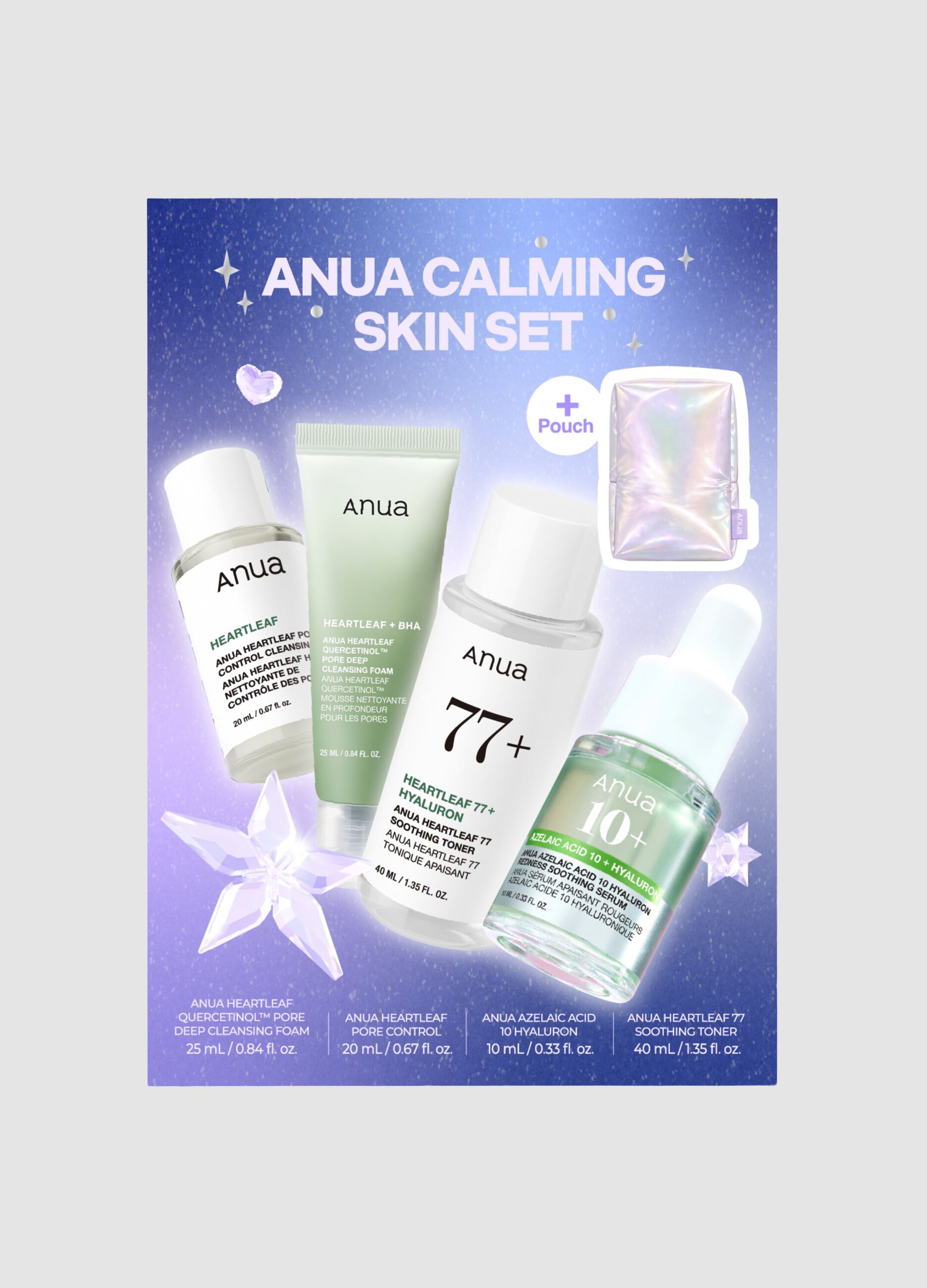 Anua Holiday Calming Skin Set: Foaming Cleanser 25 ml, Cleansing Oil 20 ml, Soothing Toner 40 ml, Treatment 10 ml - Korean Beauty Care