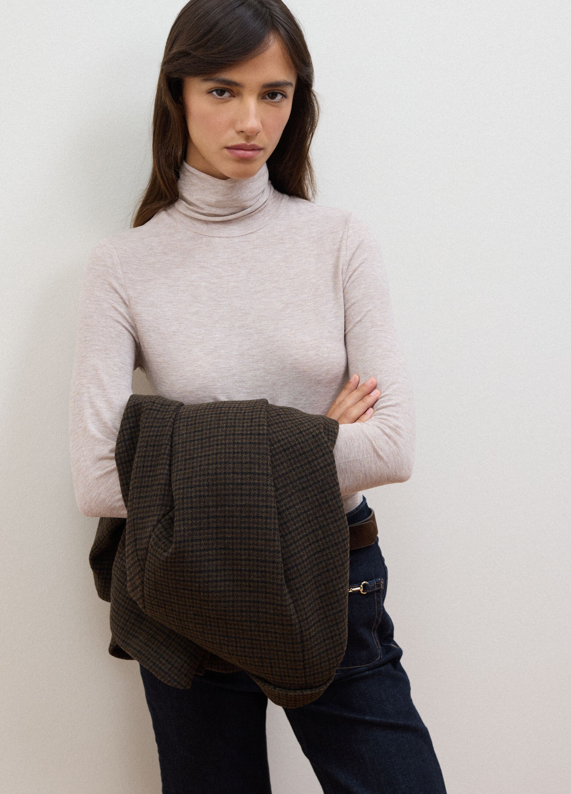 Beige modal and stretch wool T-shirt with raised collar, regular fit