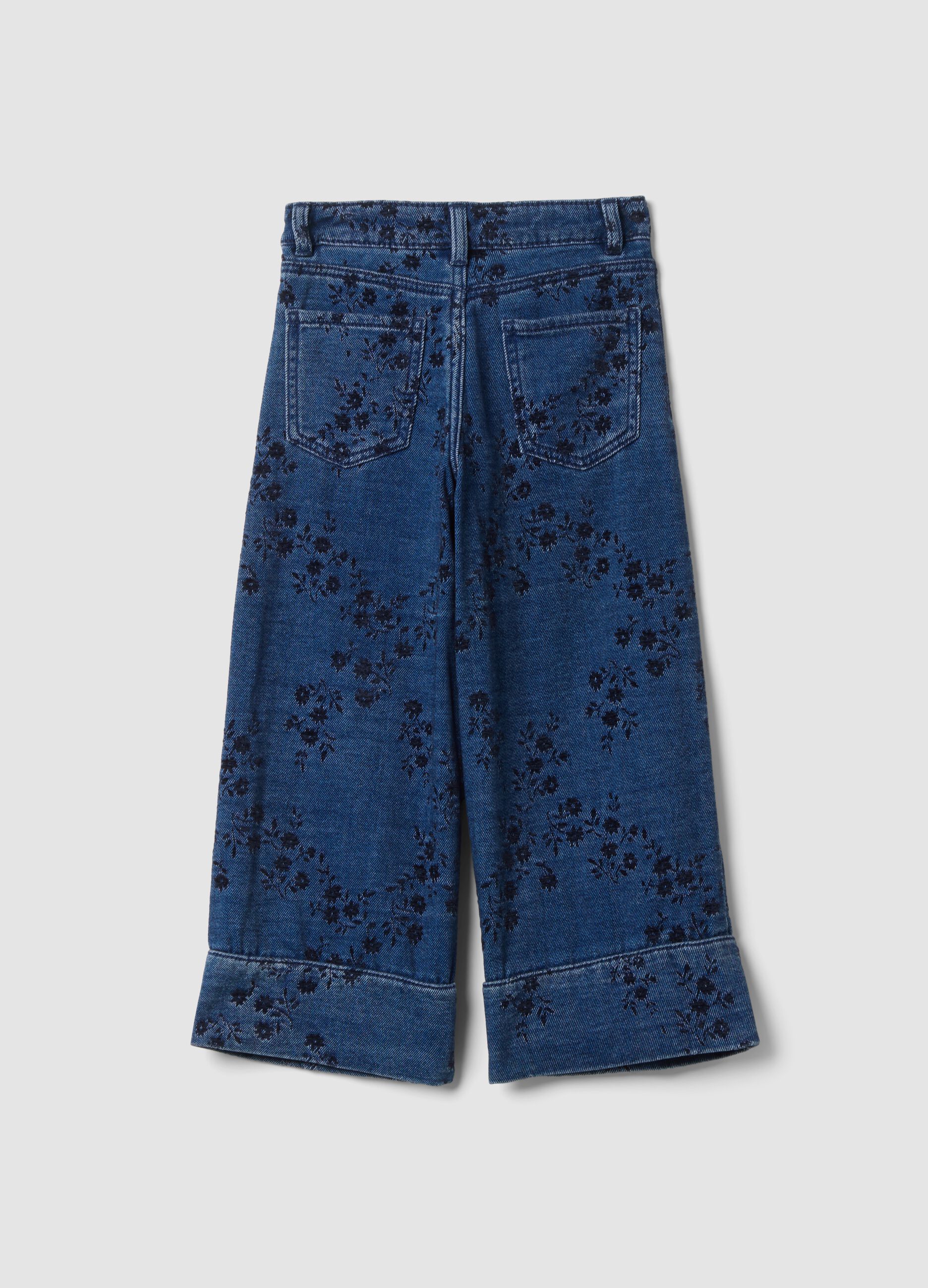 Blue cotton-blend straight-fit jeans with floral print