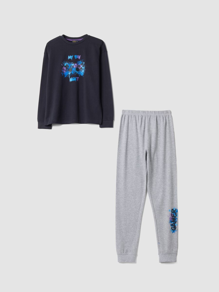 Blue and grey pure organic cotton crew-neck pyjamas_0