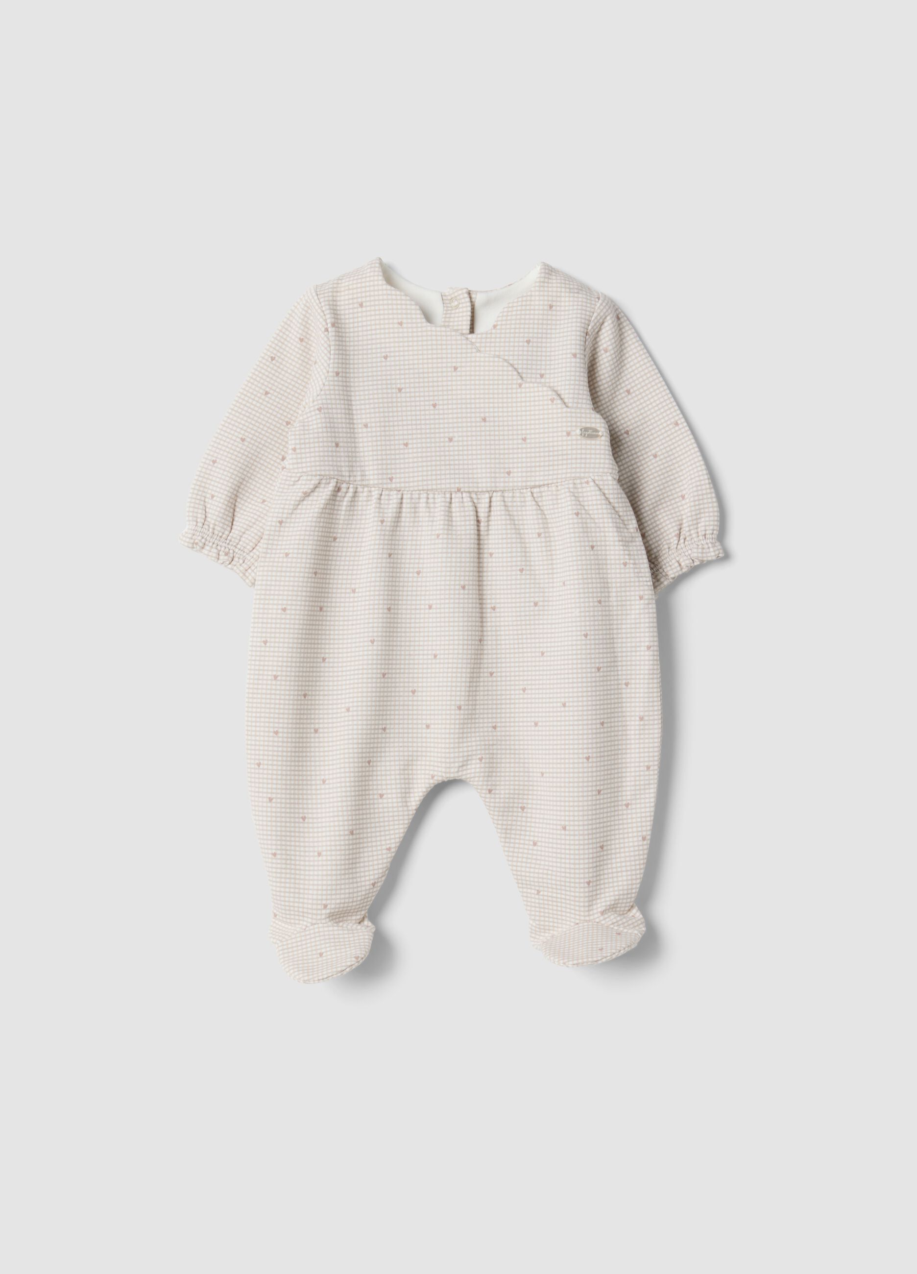 White pure organic cotton baby sleepsuit with gingham print