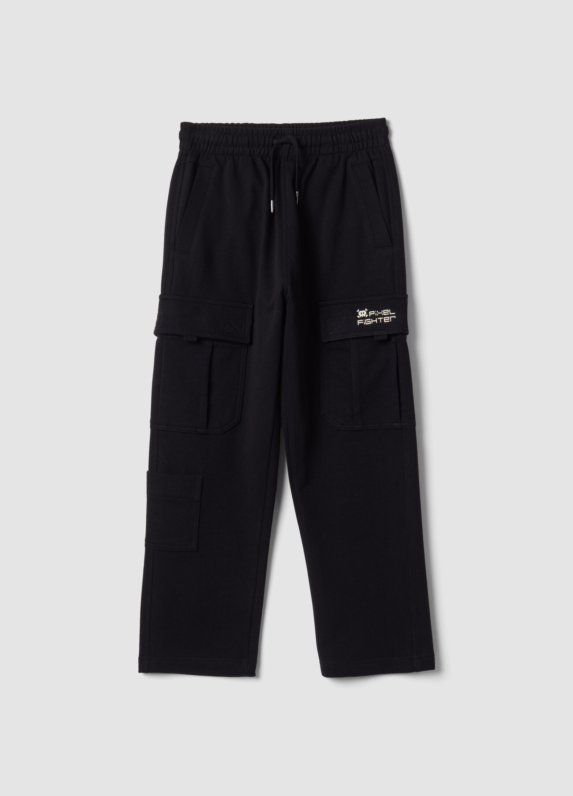 Black pure cotton cargo trousers with elasticated waist, oversized fit