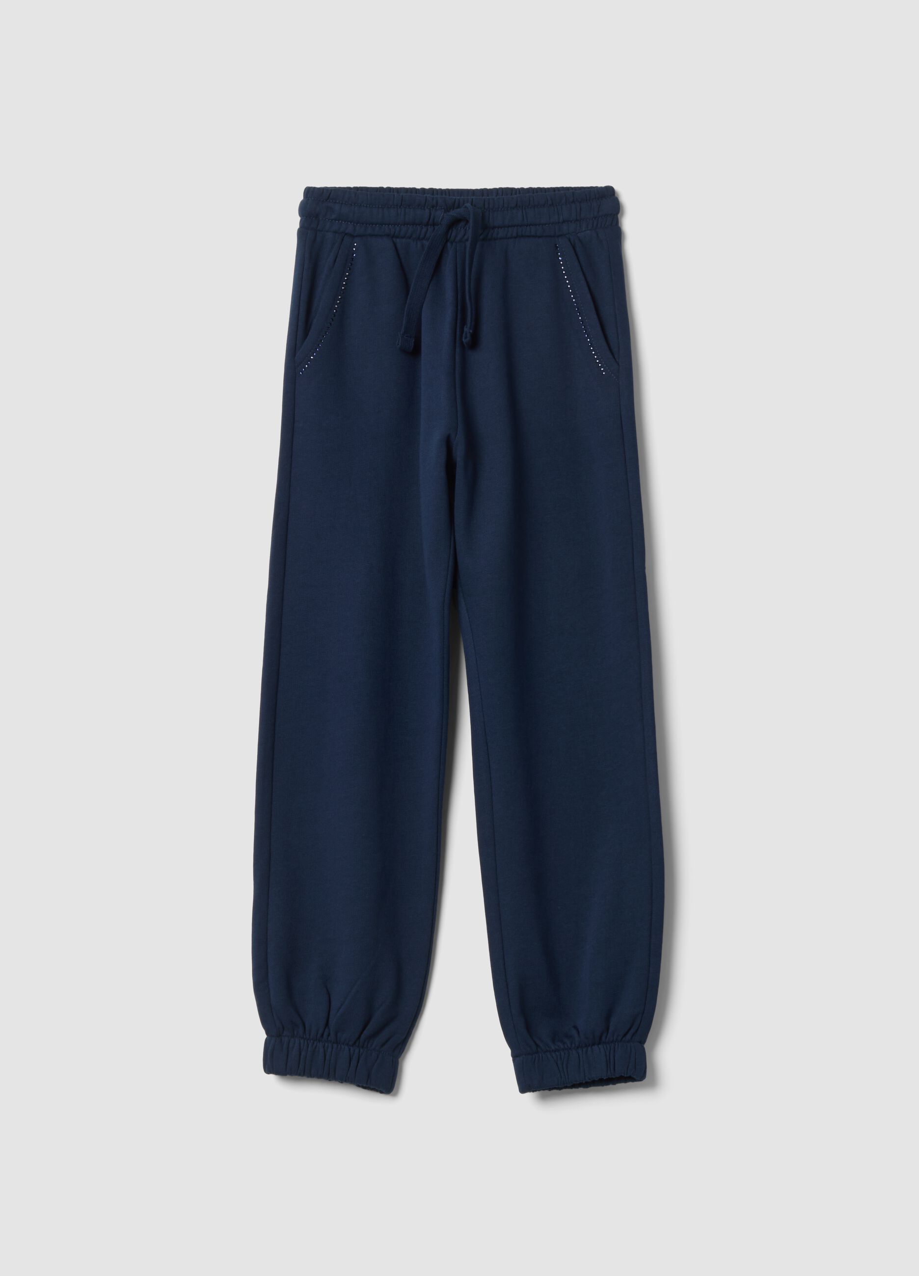 Navy blue pure cotton fleece joggers, regular fit