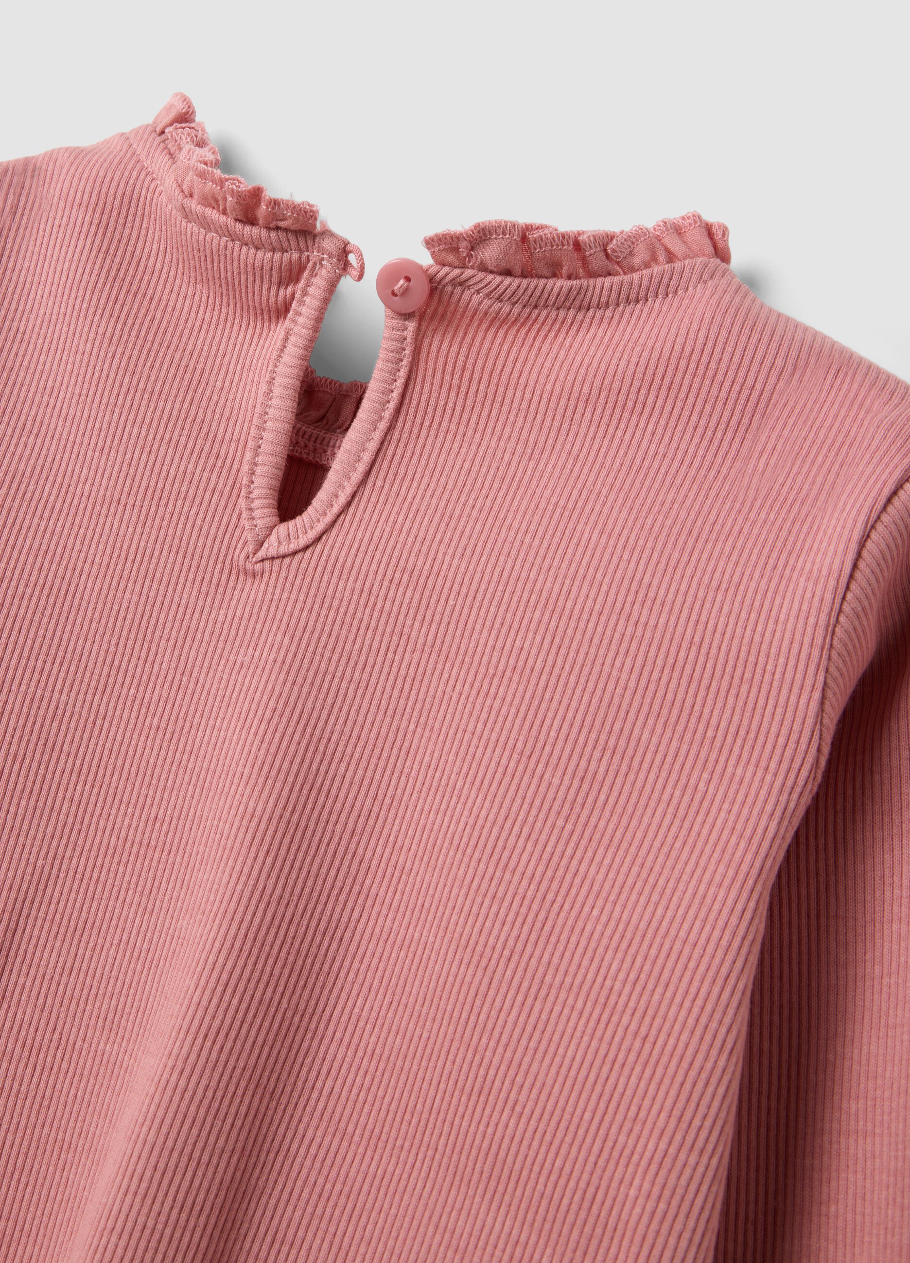 Pink ribbed crew-neck top in stretch organic cotton