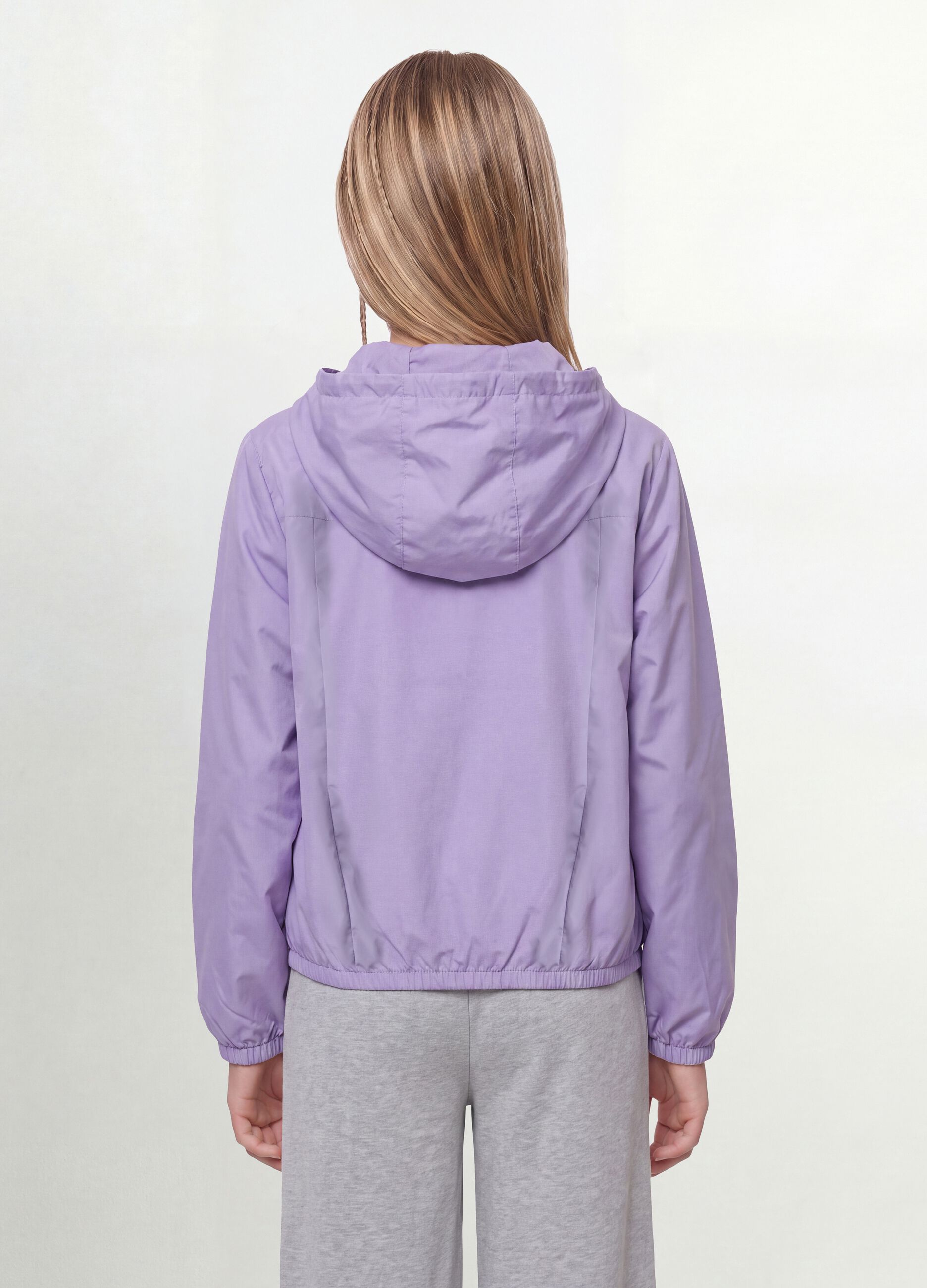 Purple rain jacket with hood and zip for girls