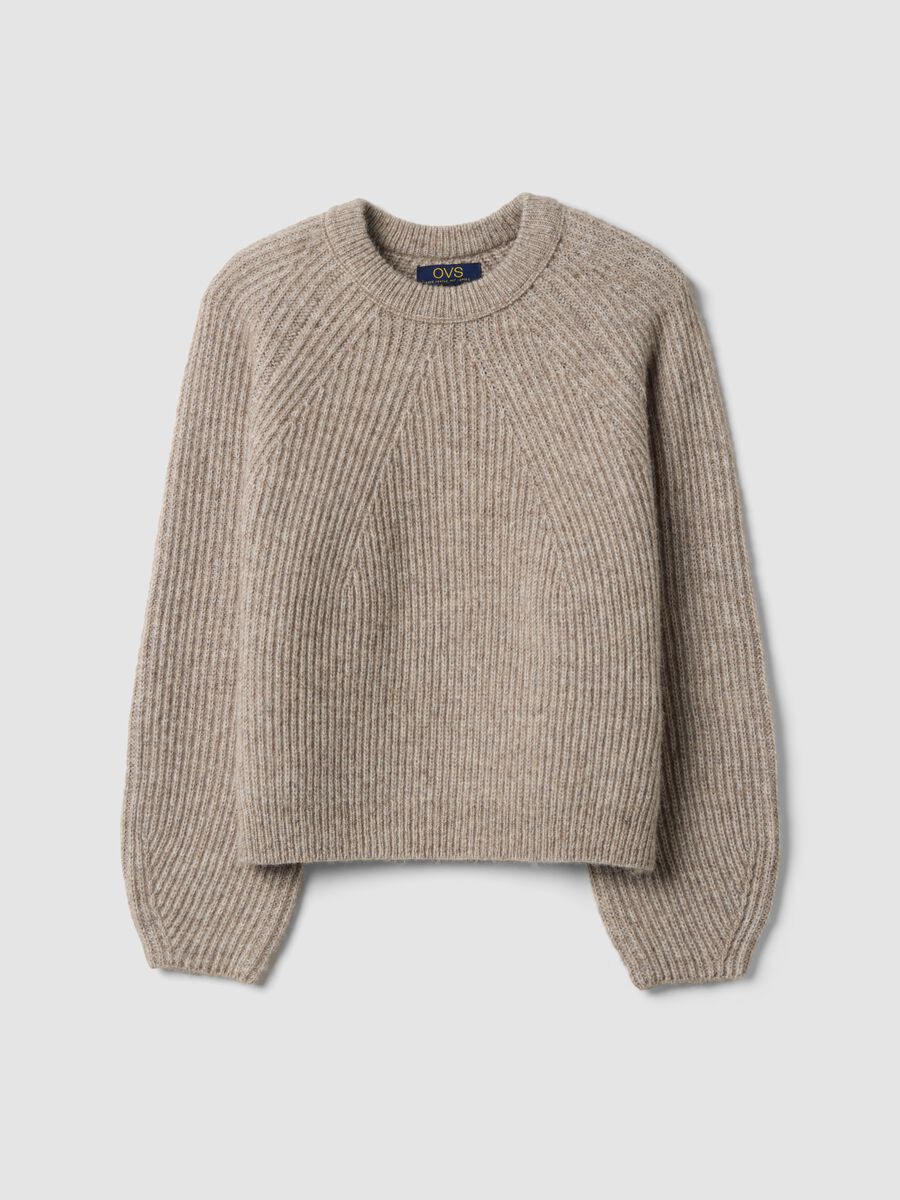 Maglione beige in misto lana a coste con girocollo_0