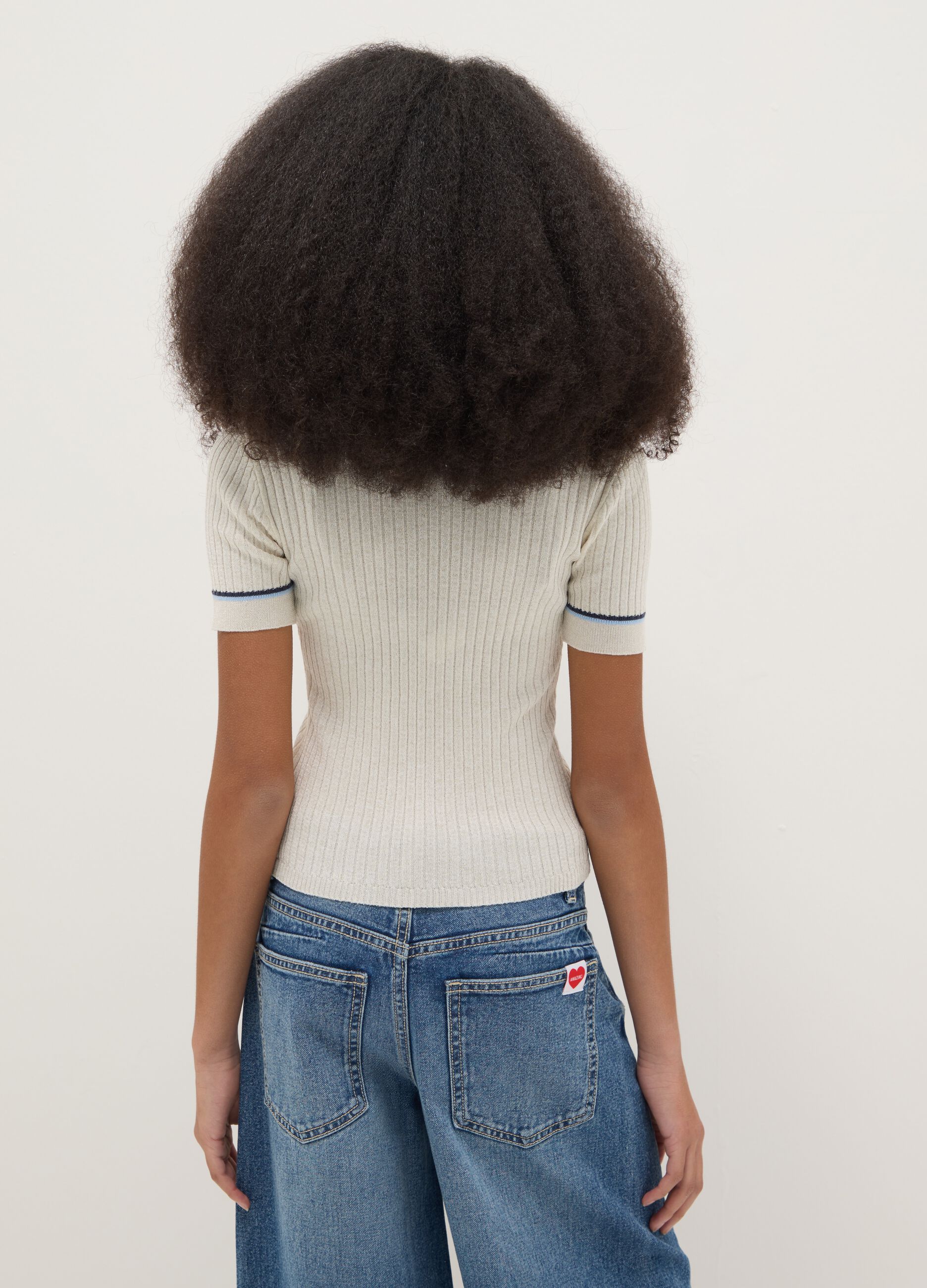 Girls' beige striped slim fit T-shirt