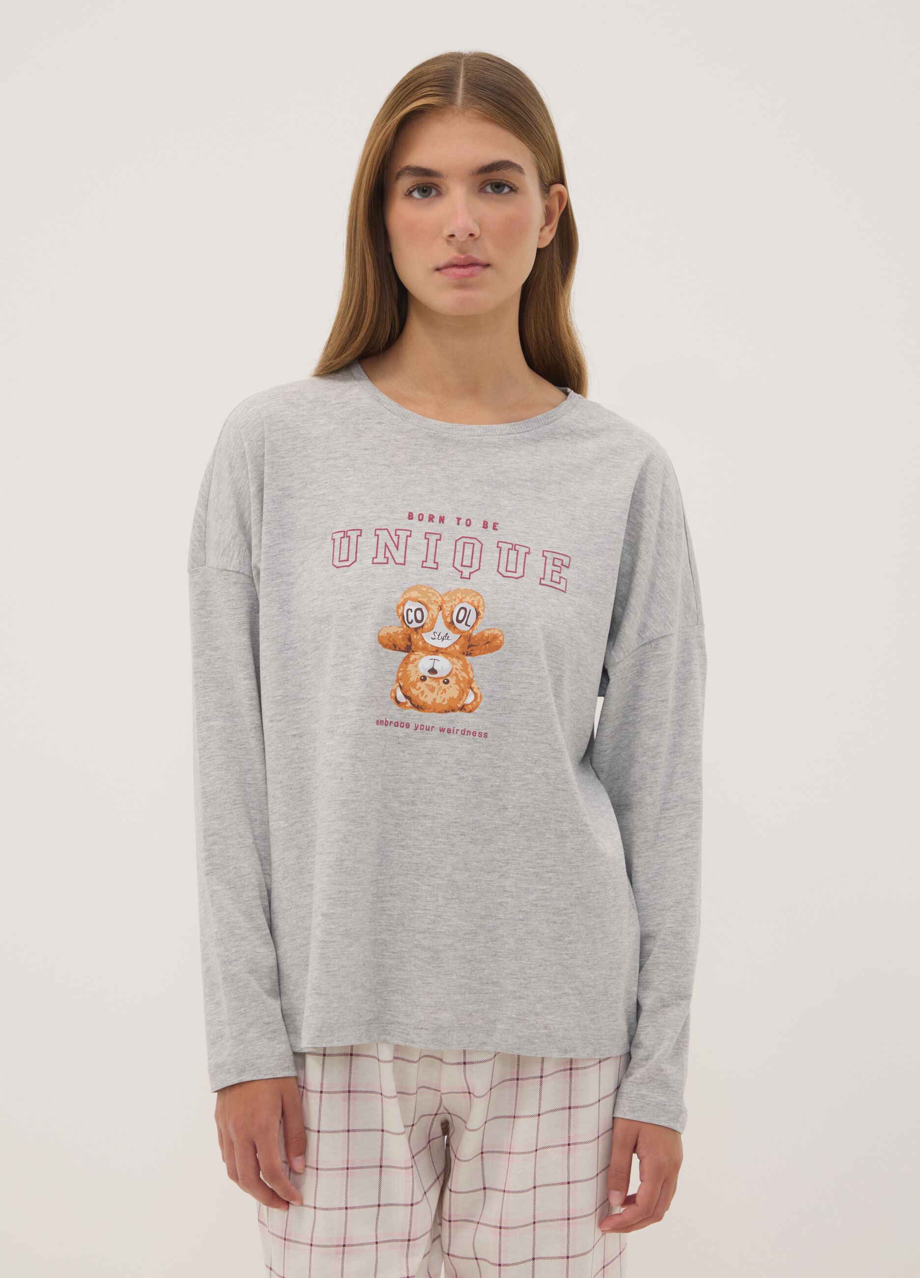 Grey marl organic cotton and viscose blend crew-neck pyjamas