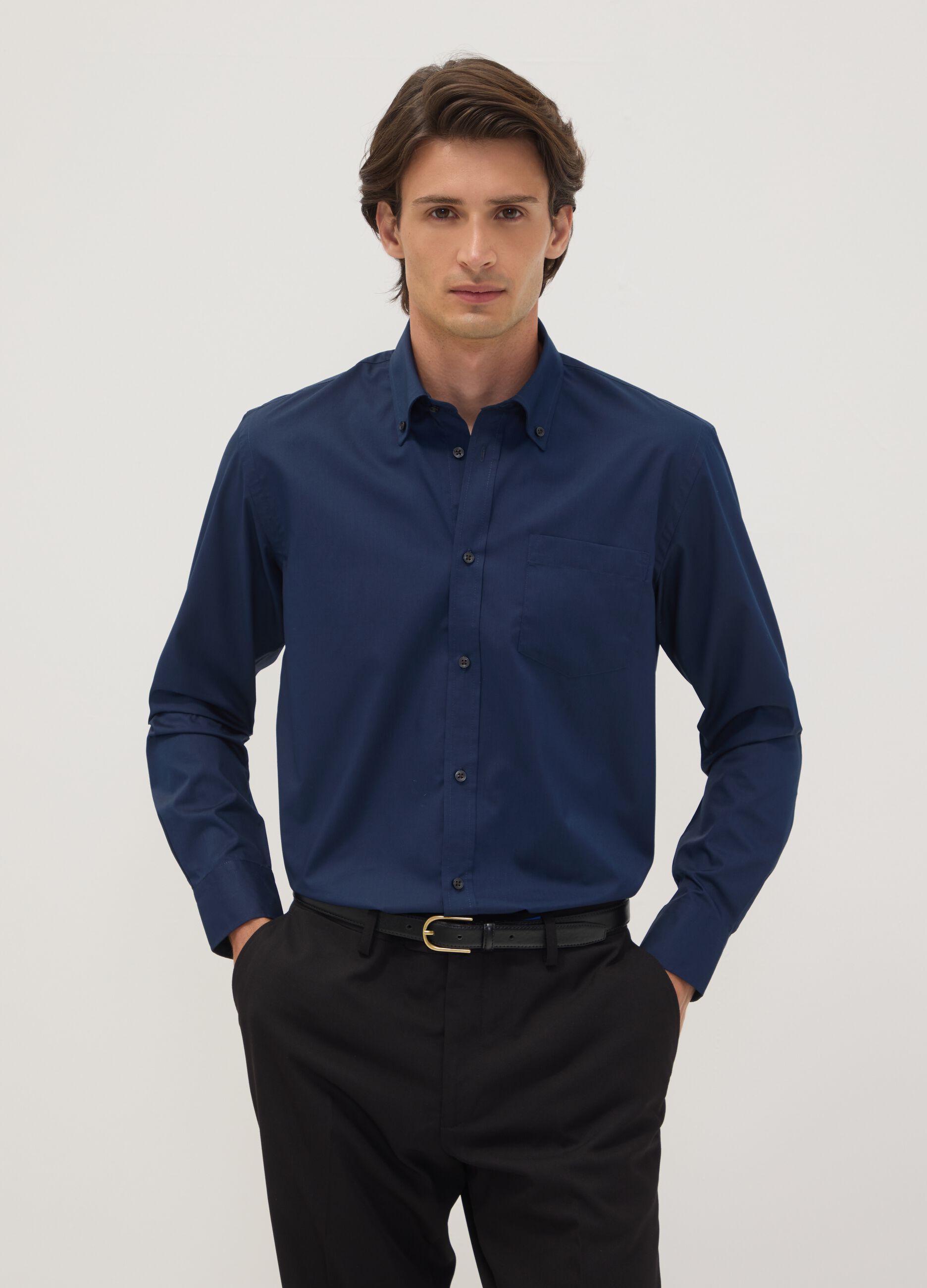 Blue regular-fit easy-iron shirt with button-down collar