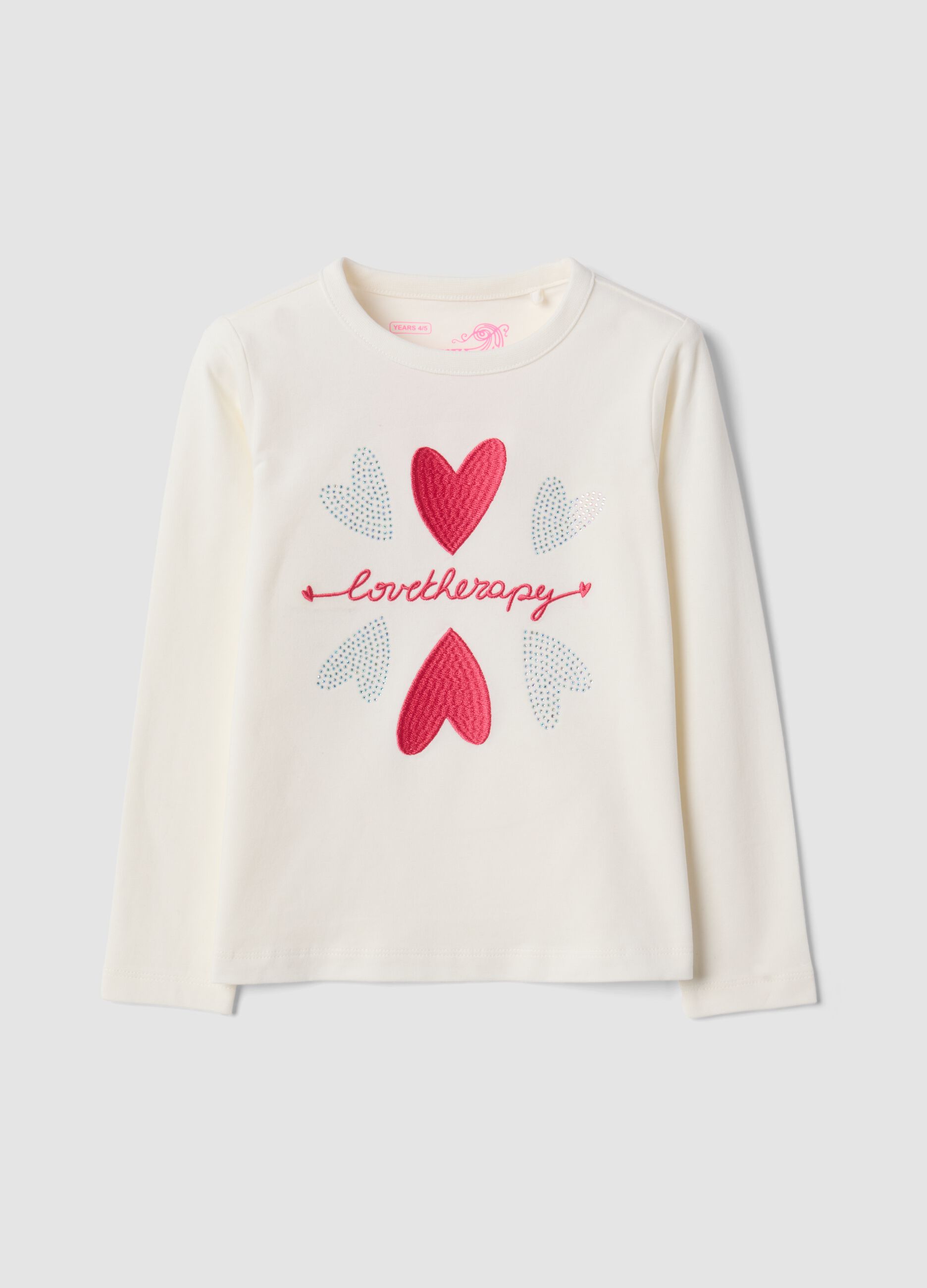 White stretch-cotton regular-fit T-shirt with embroidered hearts
