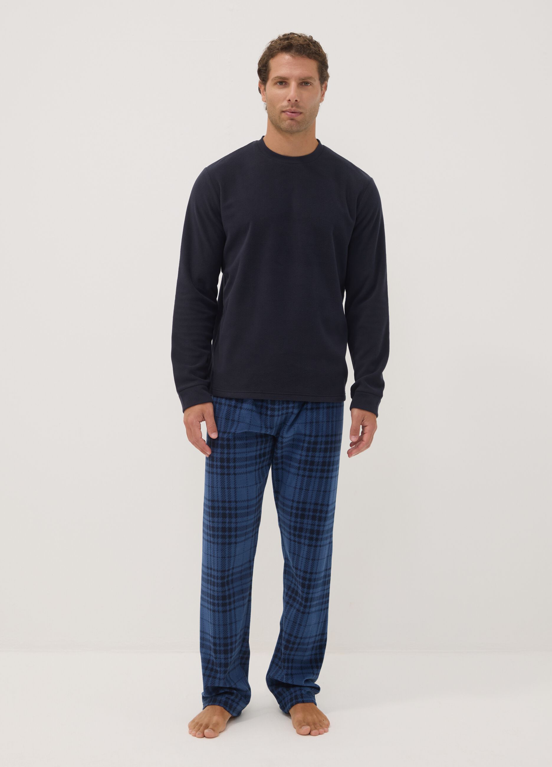 Pigiama blu navy con girocollo e pantaloni a quadri regular fit