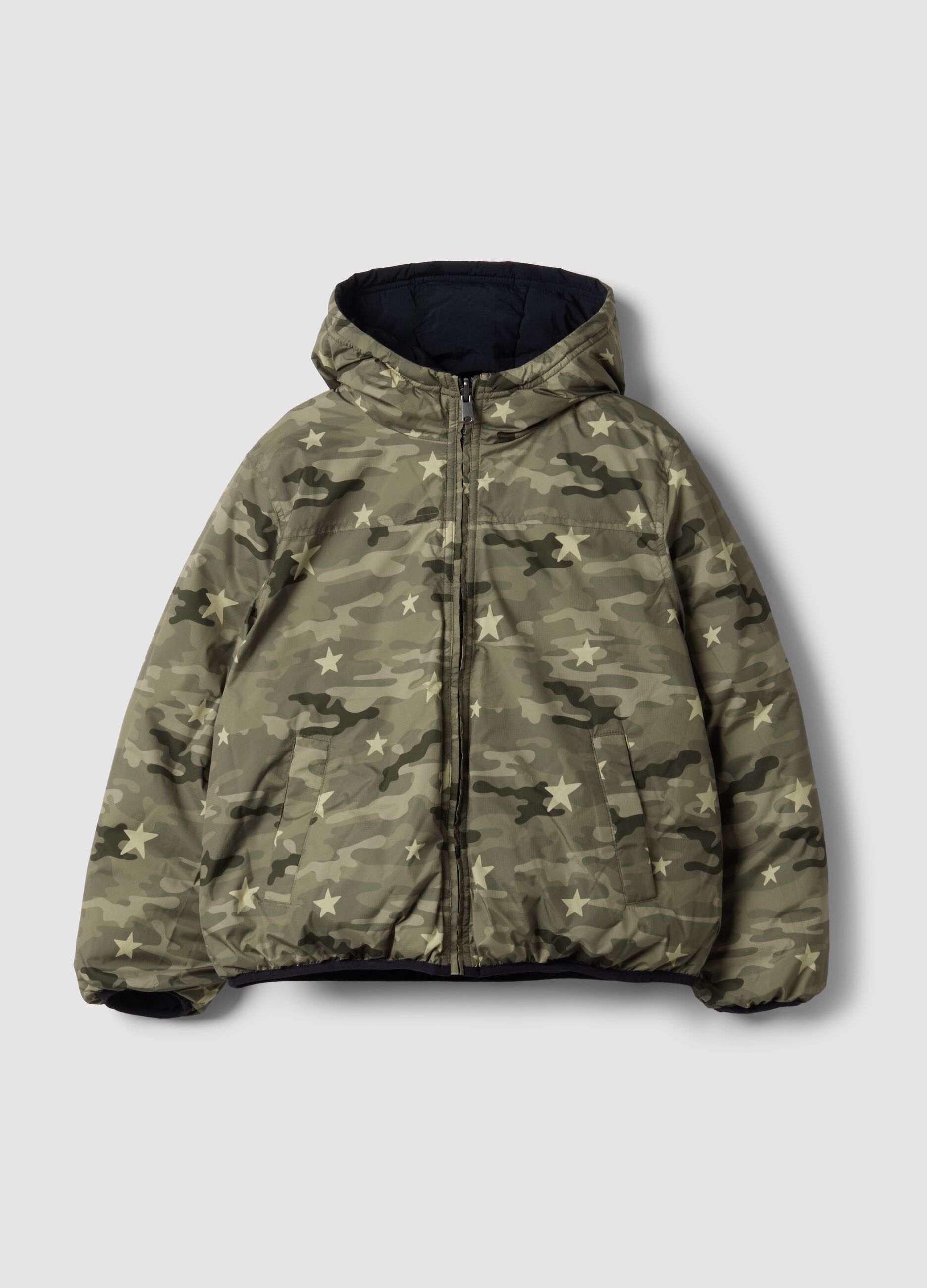 Reversible padded blue hooded jacket