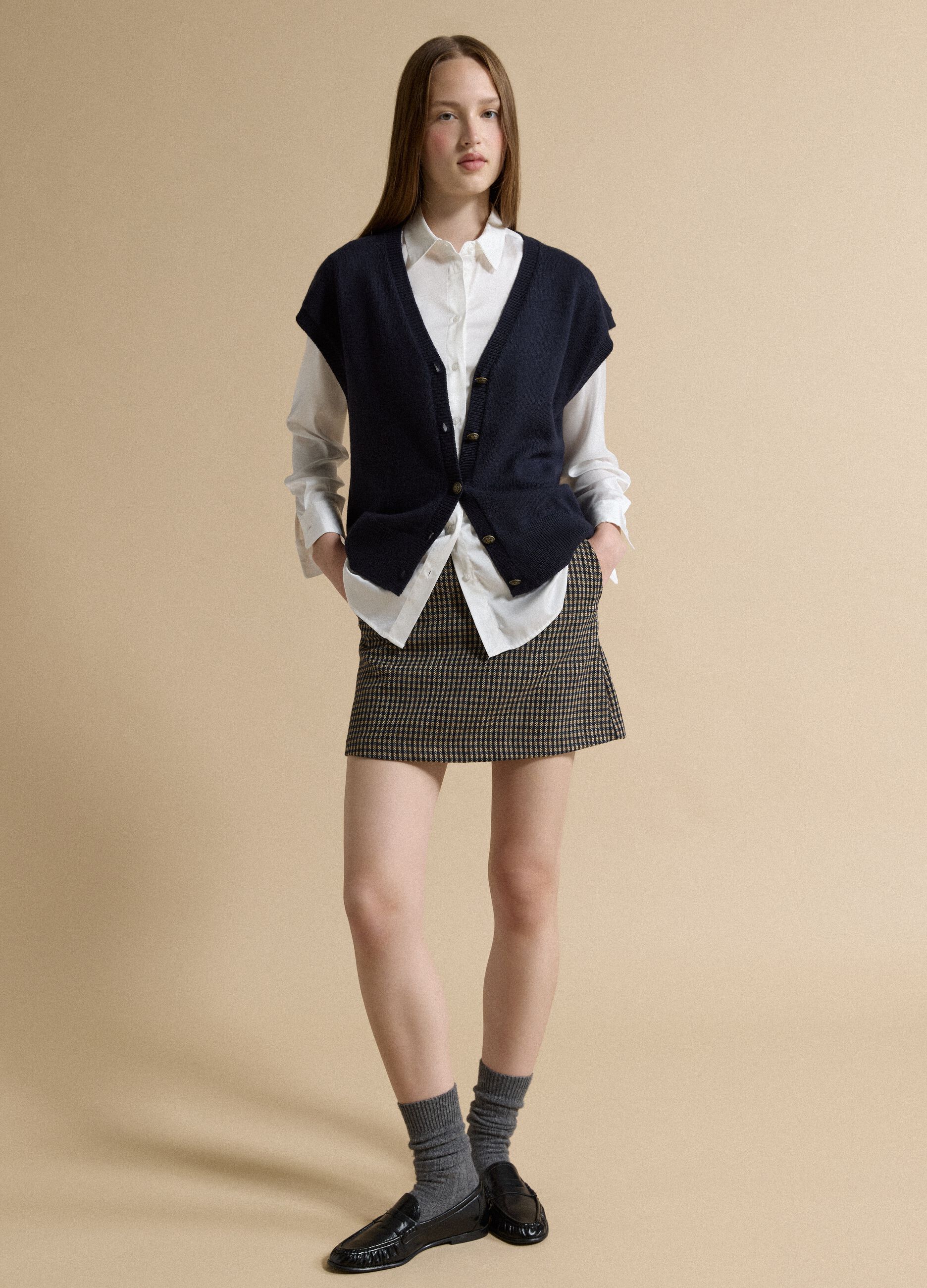 Blue deep V-neck oversized button-up gilet