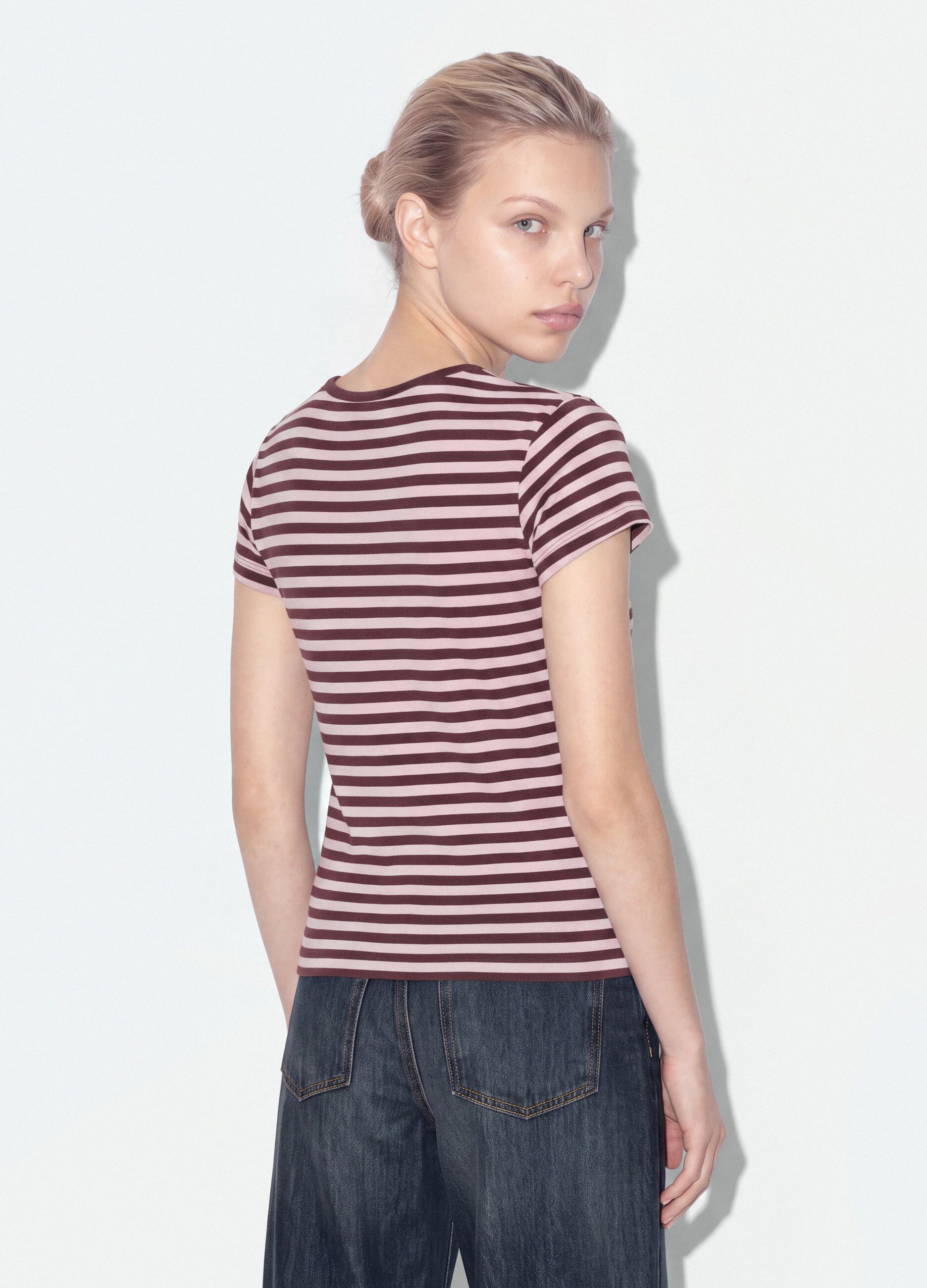 Brown pure cotton crew-neck striped T-shirt
