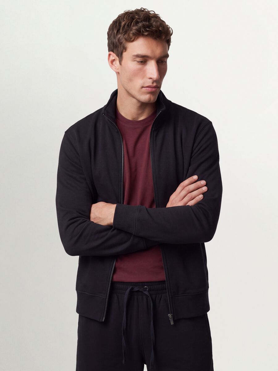 Black cotton-blend sweatshirt with crew neck and zip, regular fit_0