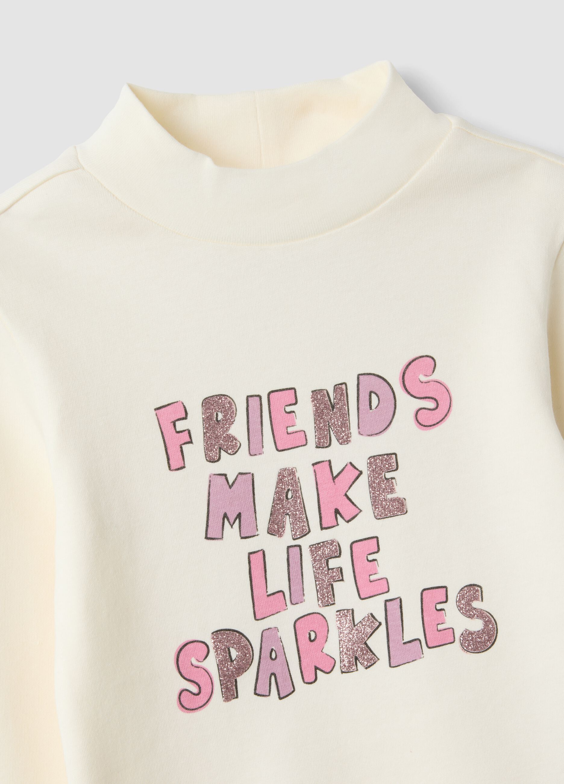 White pure organic cotton T-shirt with mock neck and animal print