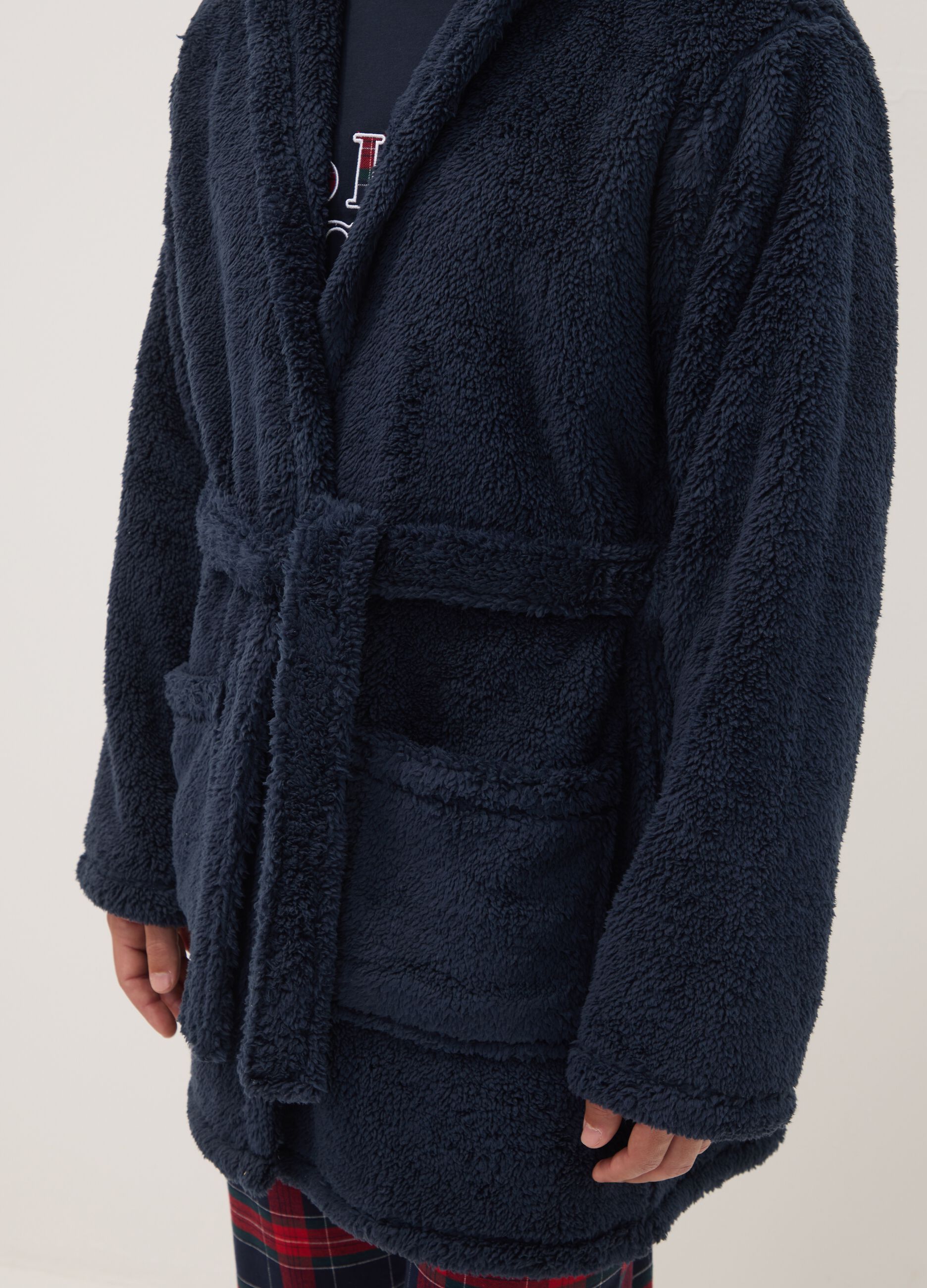 Vestaglia blu navy con cappuccio e cintura